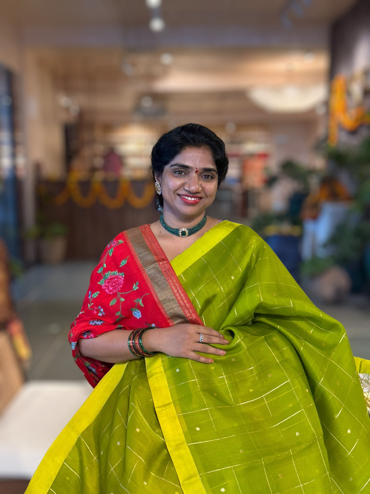 Parrot Green Handloom Banarasi Kora Checks Saree with Kaduwa Woven Zari Motifs .