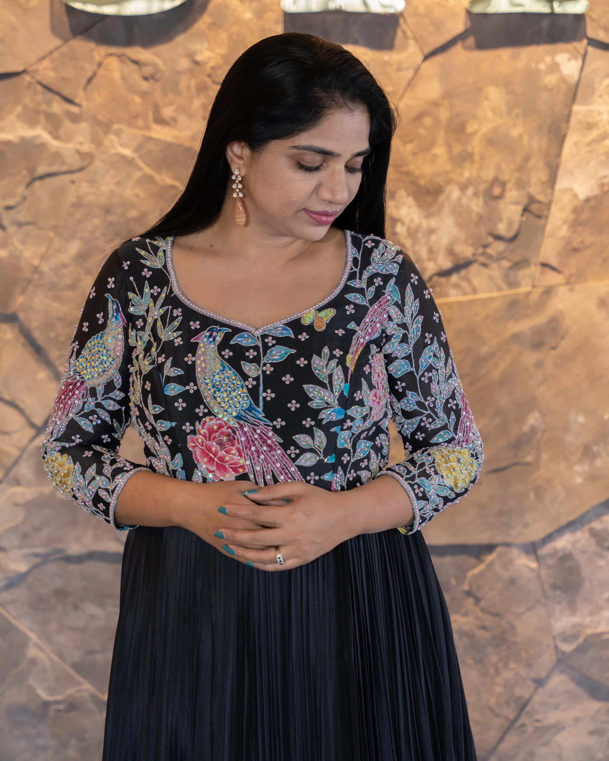 Pure Chinnon Printed Long Frock with handwork yoke