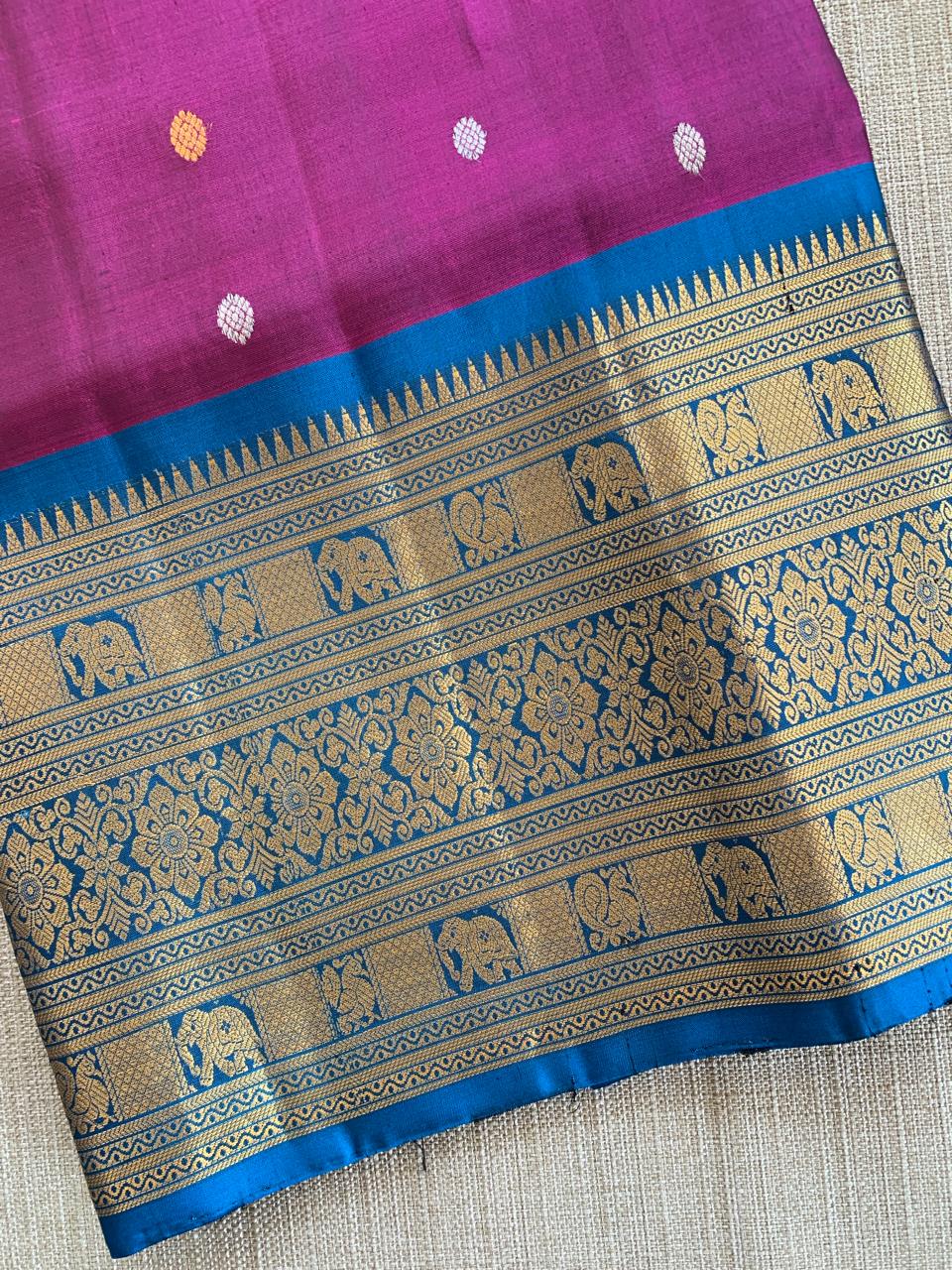 SGSA208 Wine and Peacock Blue Combo Gadwal Handloom Pure Silk Saree
