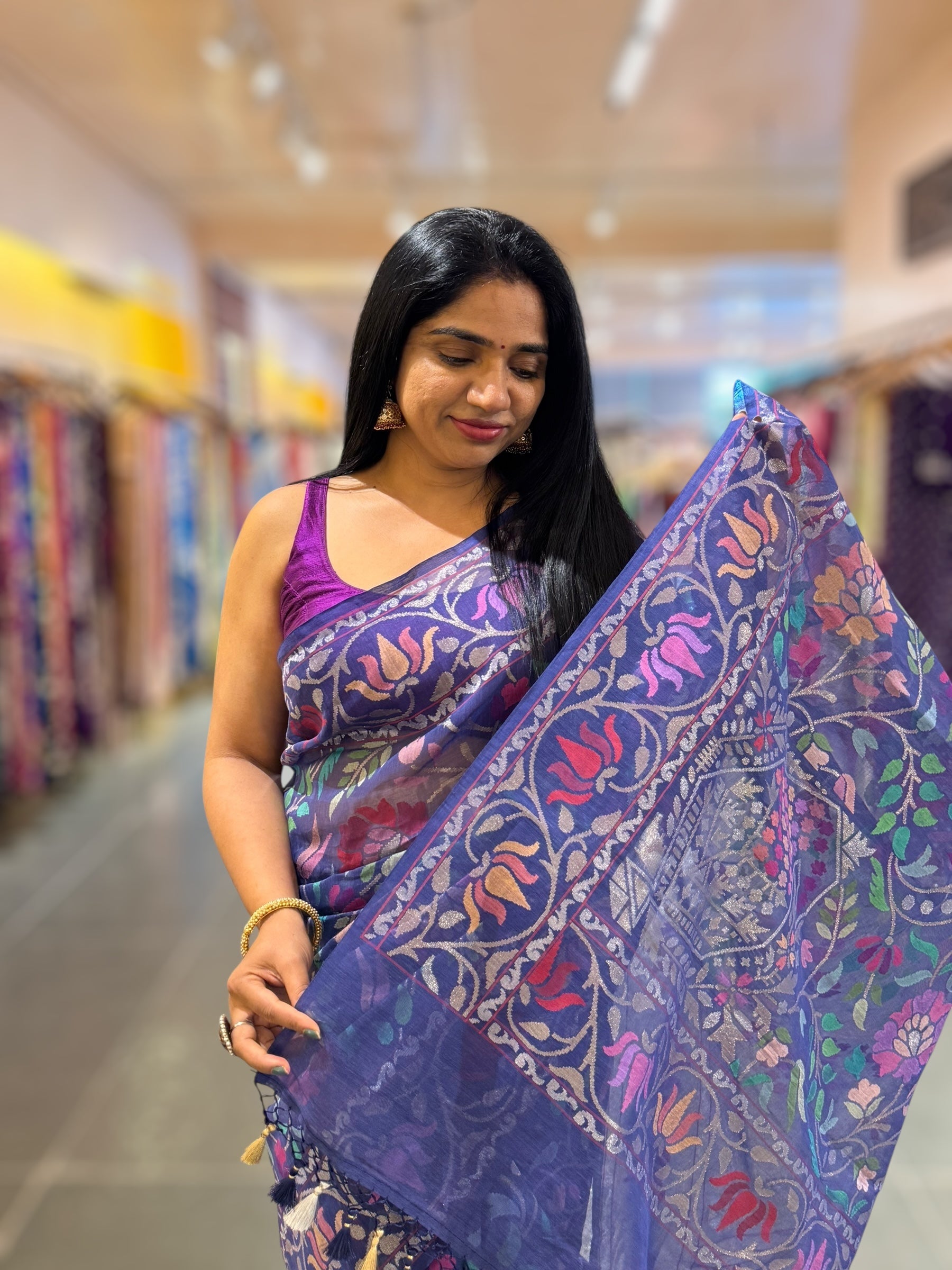 Neelambari - Real Zari Banarasi Cotton Jamdani Saree