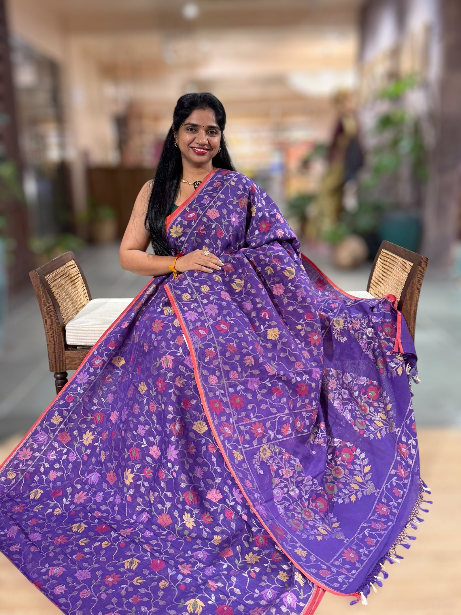 Brinjal Banarasi Handloom Cotton Cut Jamdani Saree With Allover Meenakari