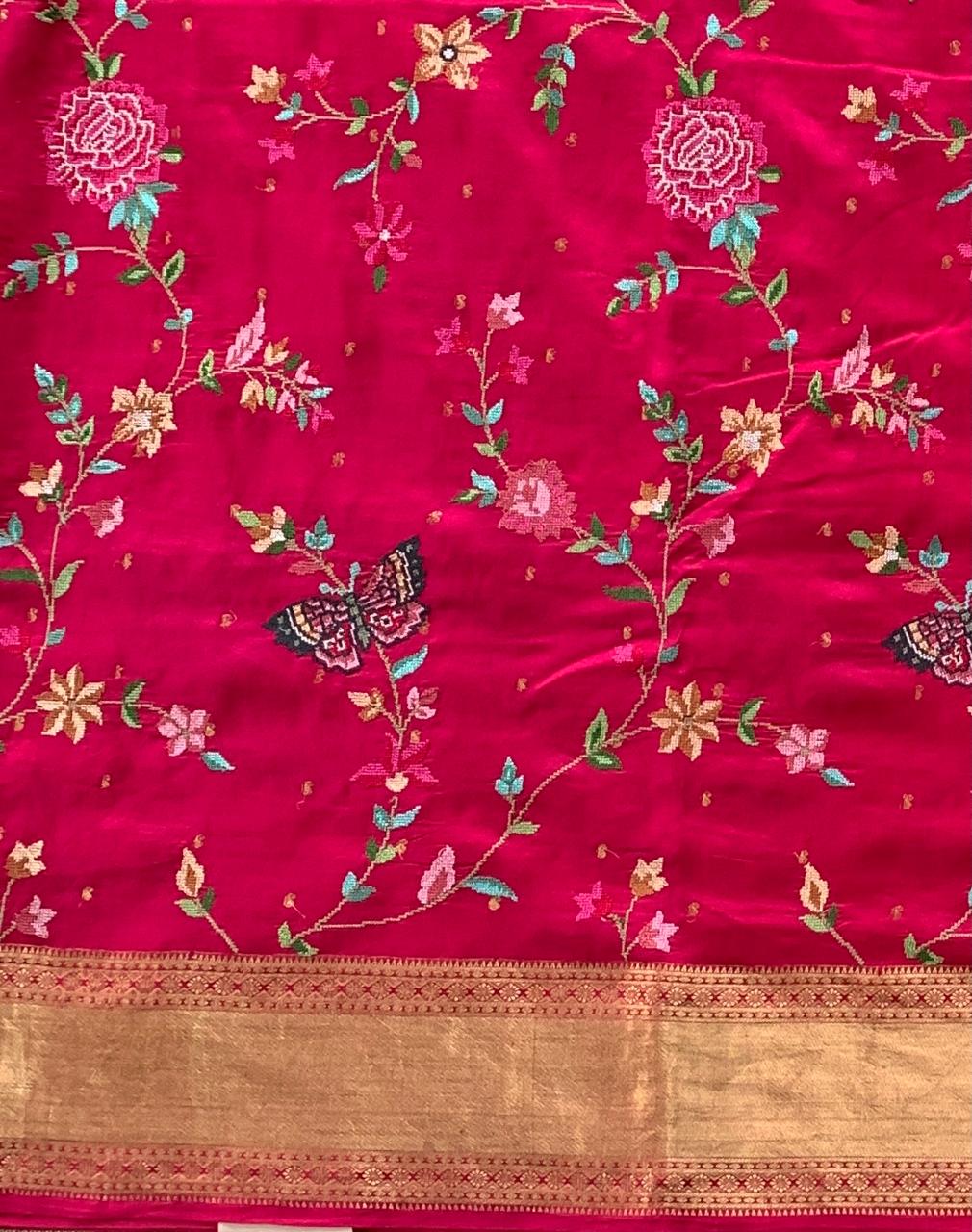Dark Pink Kanchi  Saree With Allover Petite Point Embroidery