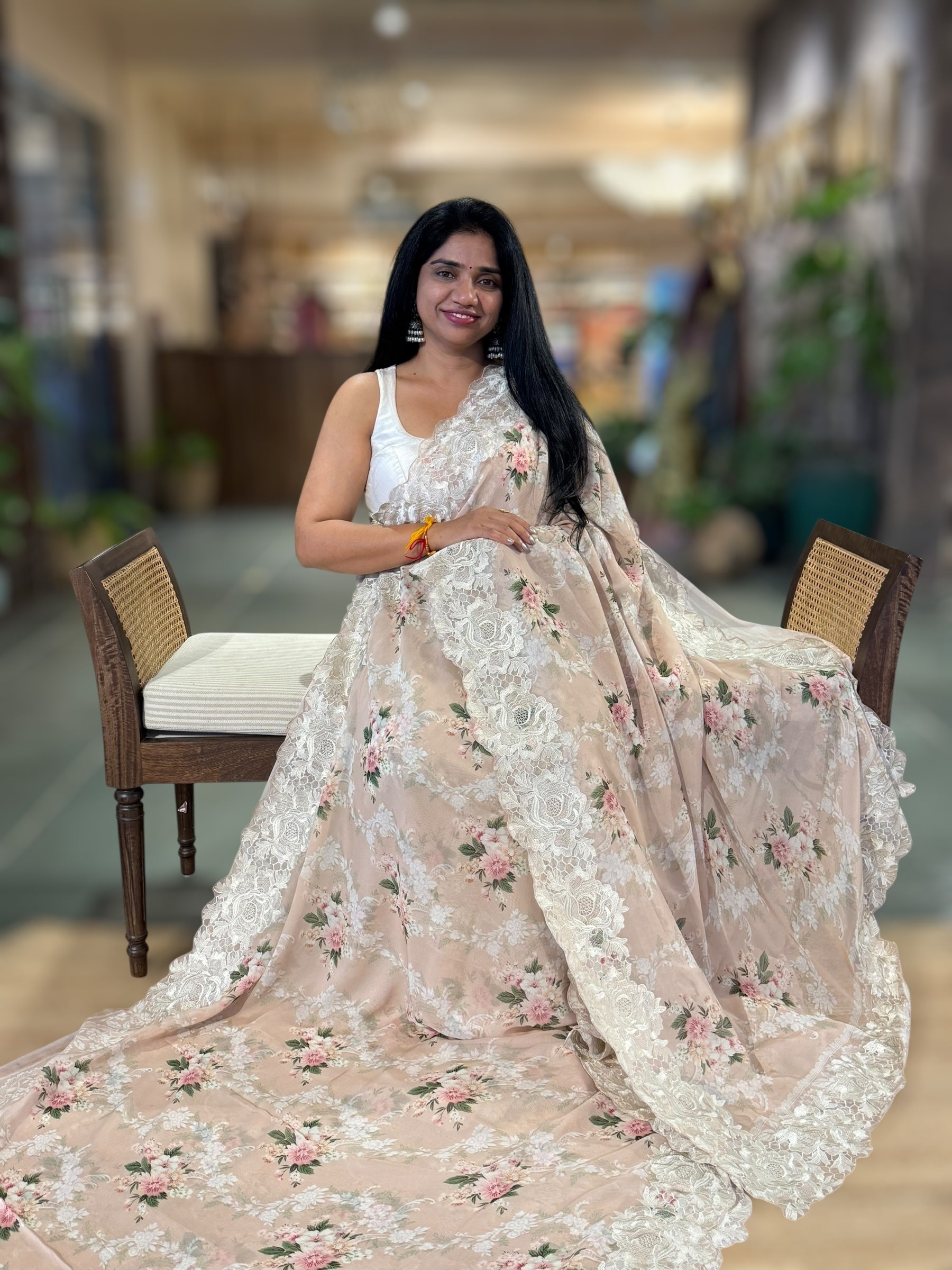 Nude Gorgette Printed Saree With Chatilly Lace Style Cutwork embroidered Border