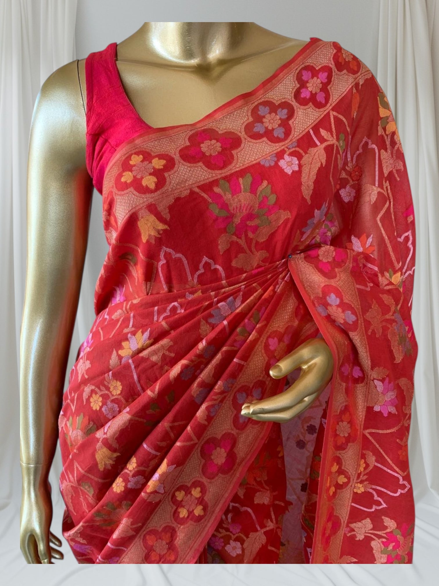 Carrot Color Banarasi Handloom Cotton  Cut Jamdani Saree With Allover Meenakari