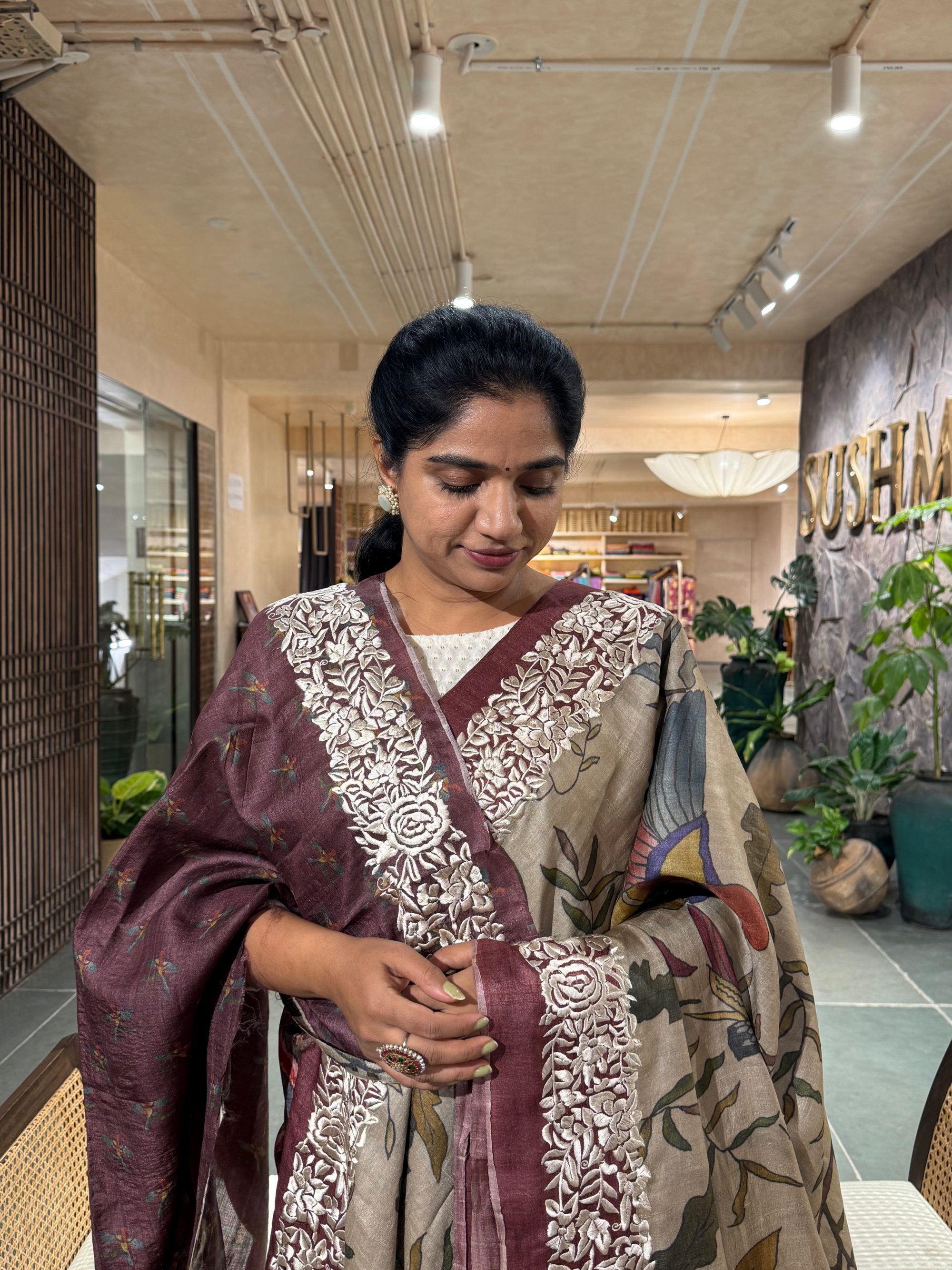 STPGA907 Pure Tussar Fusion Saree with Parsi Gara Embroidered border