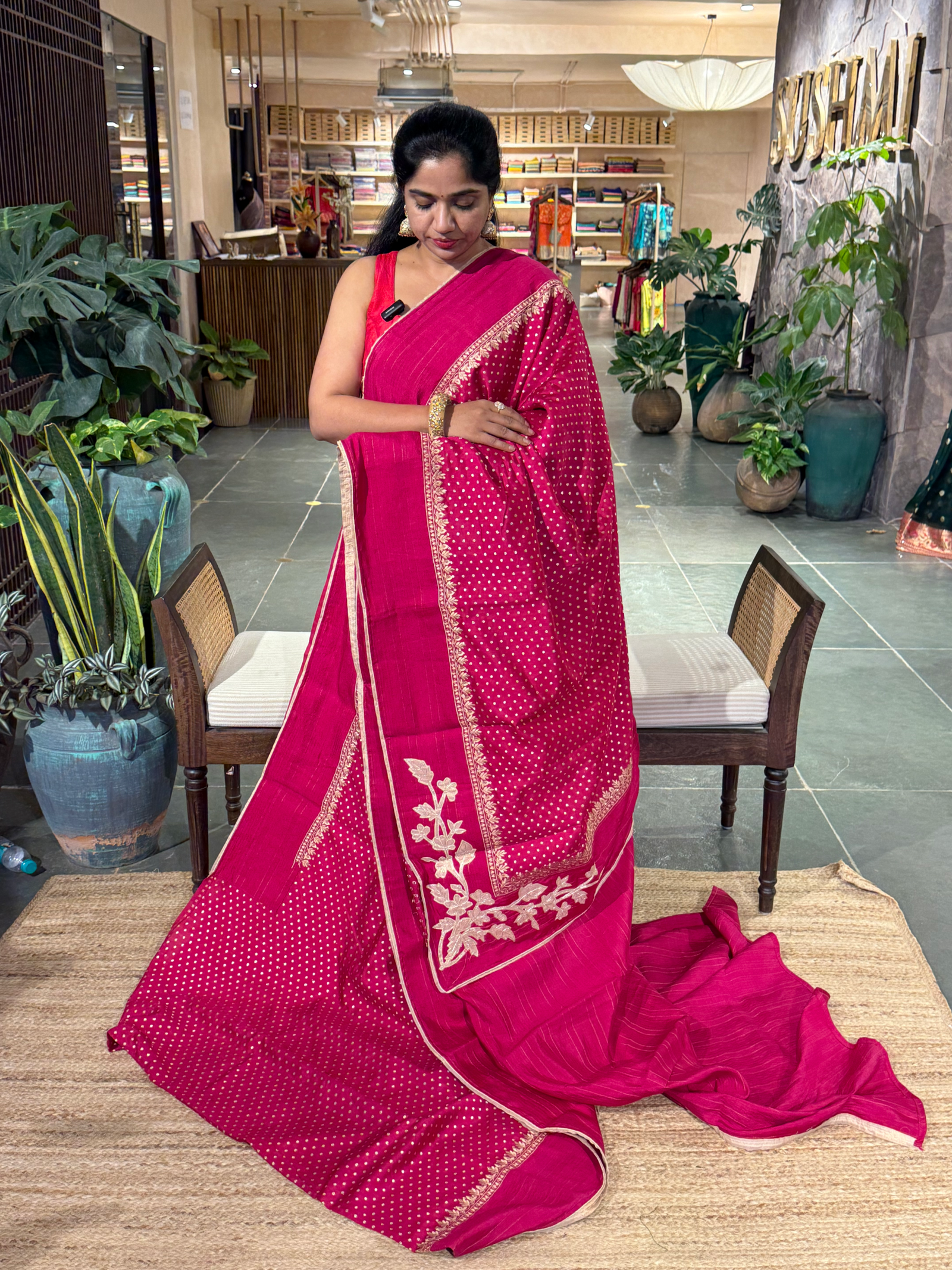 Dark Pink Chiniya Silk Saree with Embroidery Border & Applique Creeper Pallu