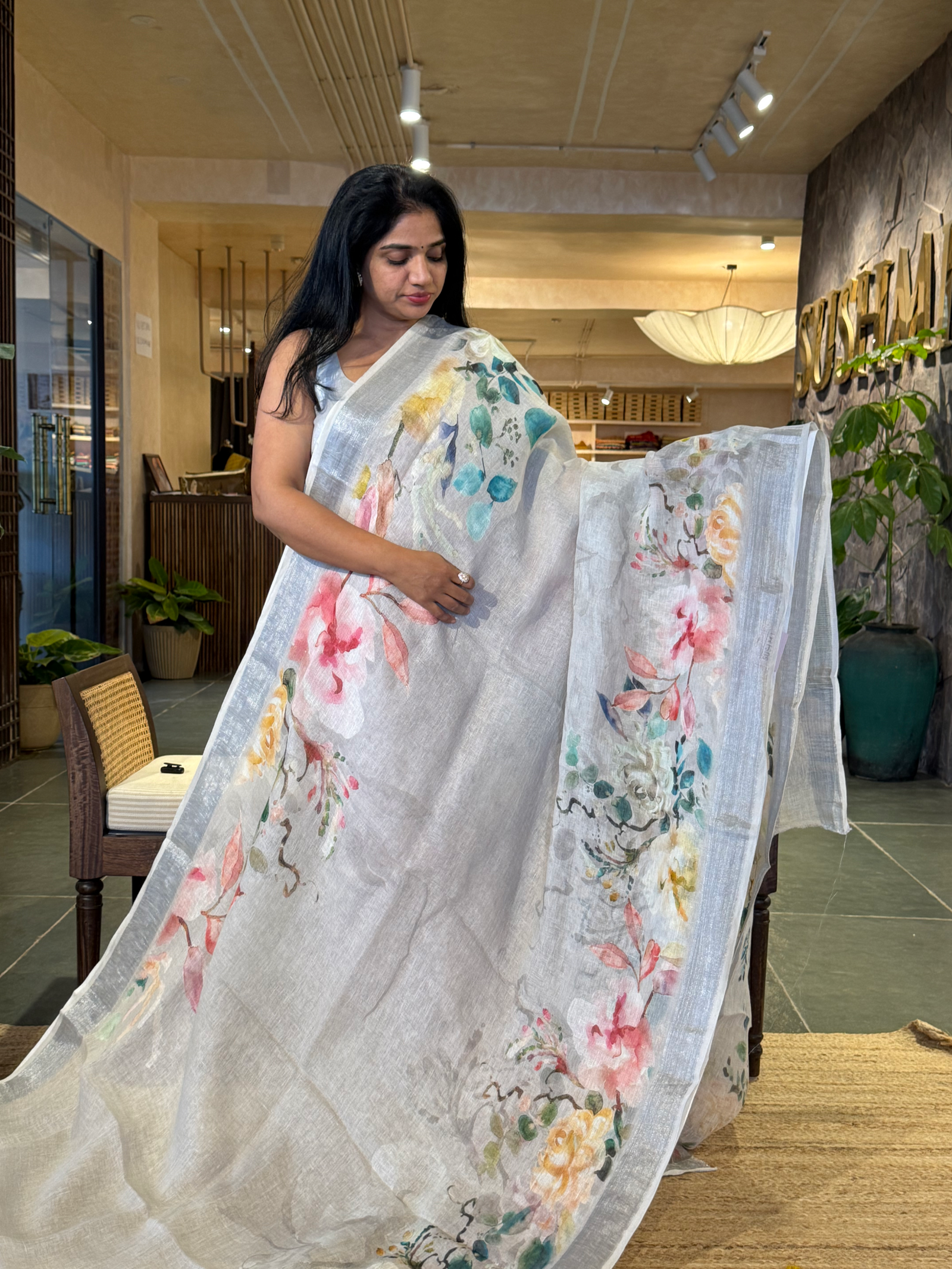 Light Grey  Pure Handloom Lenin Printed Sarees With Silver Zari Border