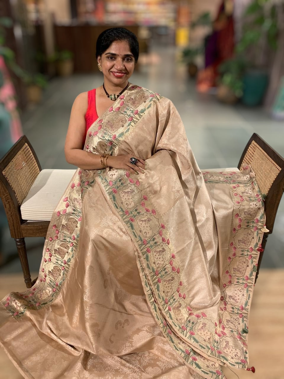 Wheat Tone Kanchi Brocade Saree With Tissue Pichwai Embroidered Border