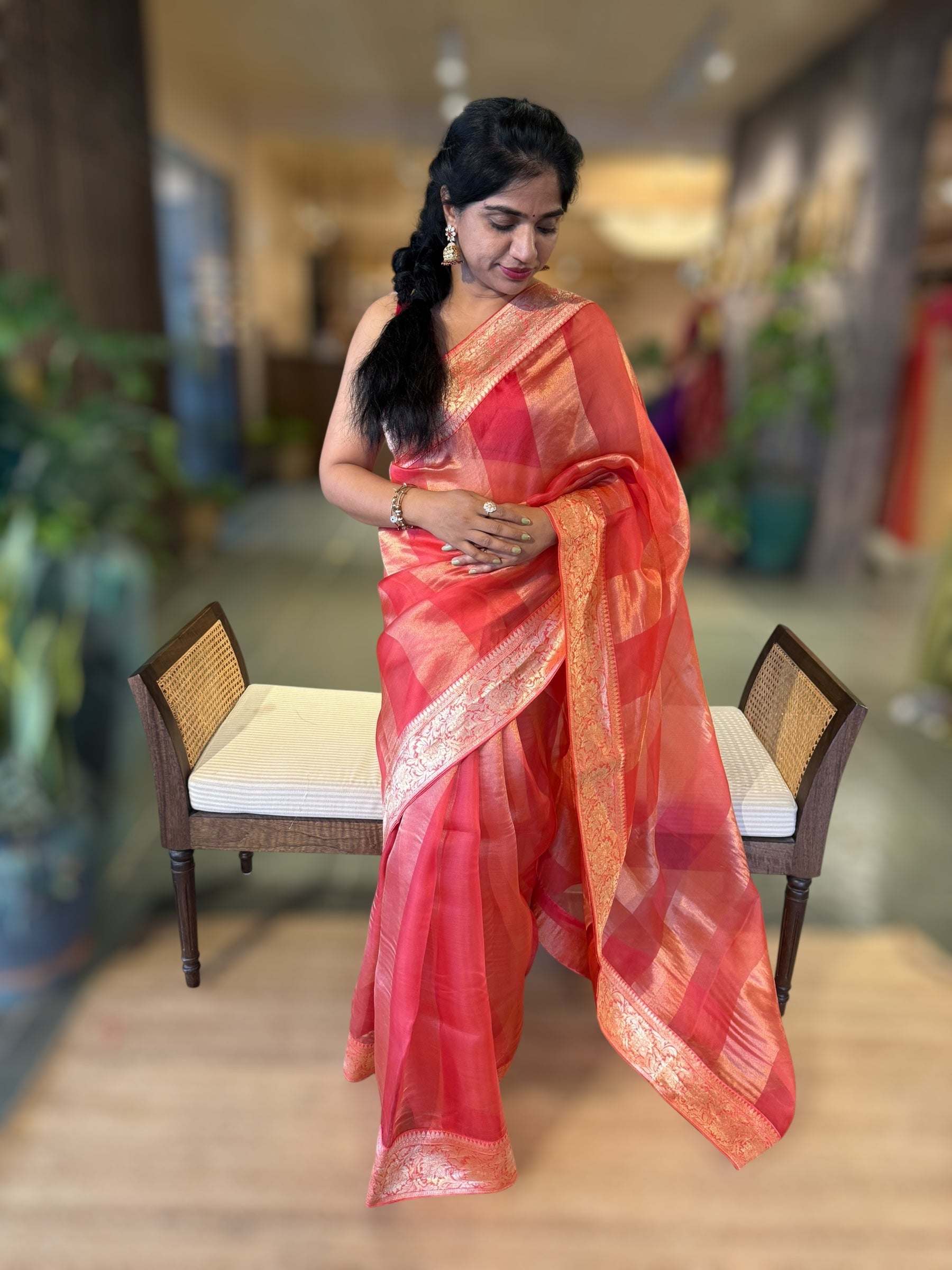 Koral Pink Banarasi Kora Tissue Stripes Saree With Banarasi Borders & Blouse