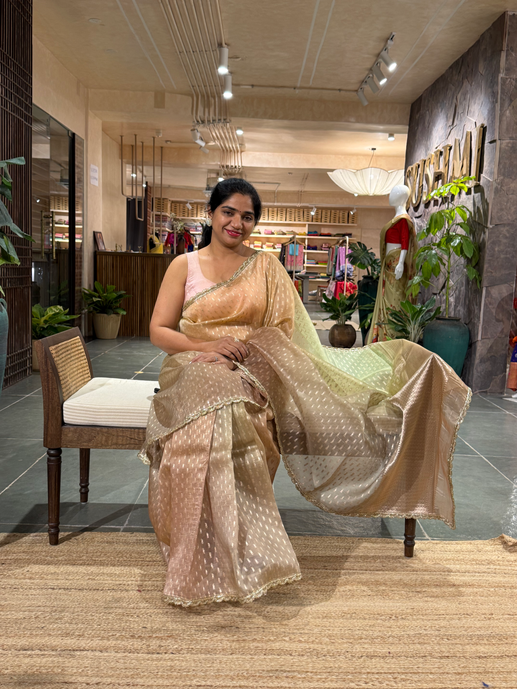 Ombre Dyed Pure Organza Saree with allover zari butis and  Embroidered Blouse