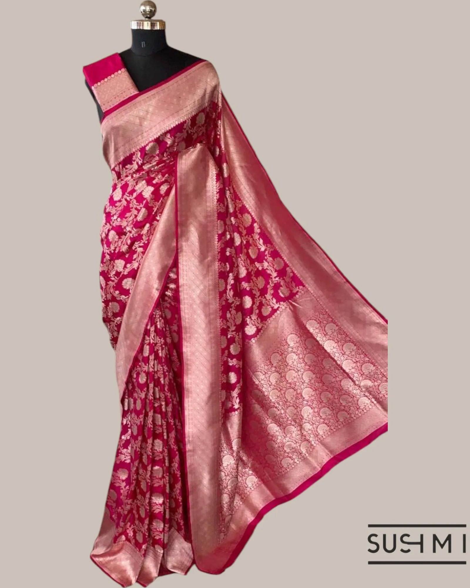 Dark Pink Banarasi Katan Silk Saree with Allover Floral Jaal Weaving