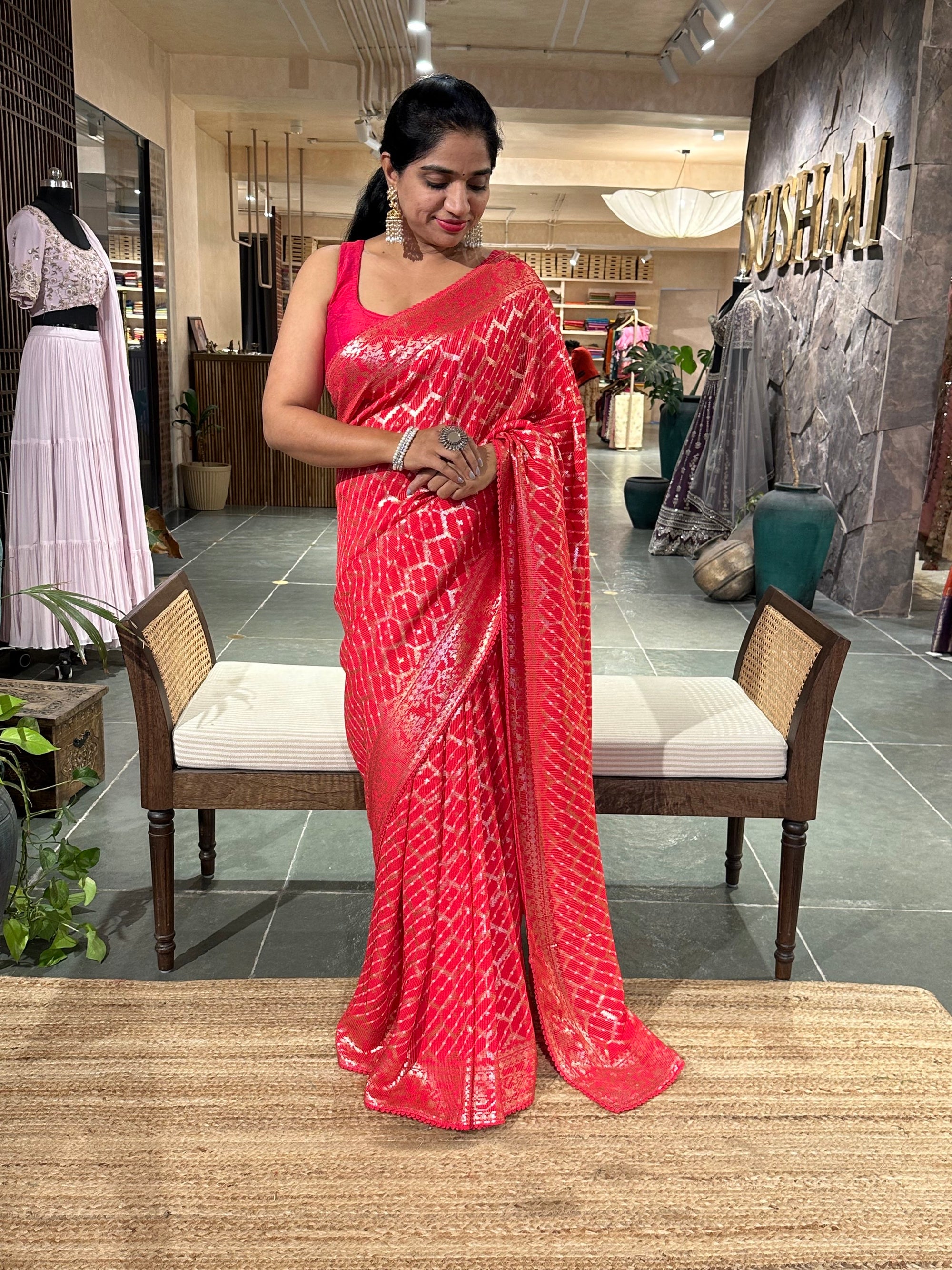 Pinkish Red Pure Gorgette Lehariya Bandhini Sequnce Saree