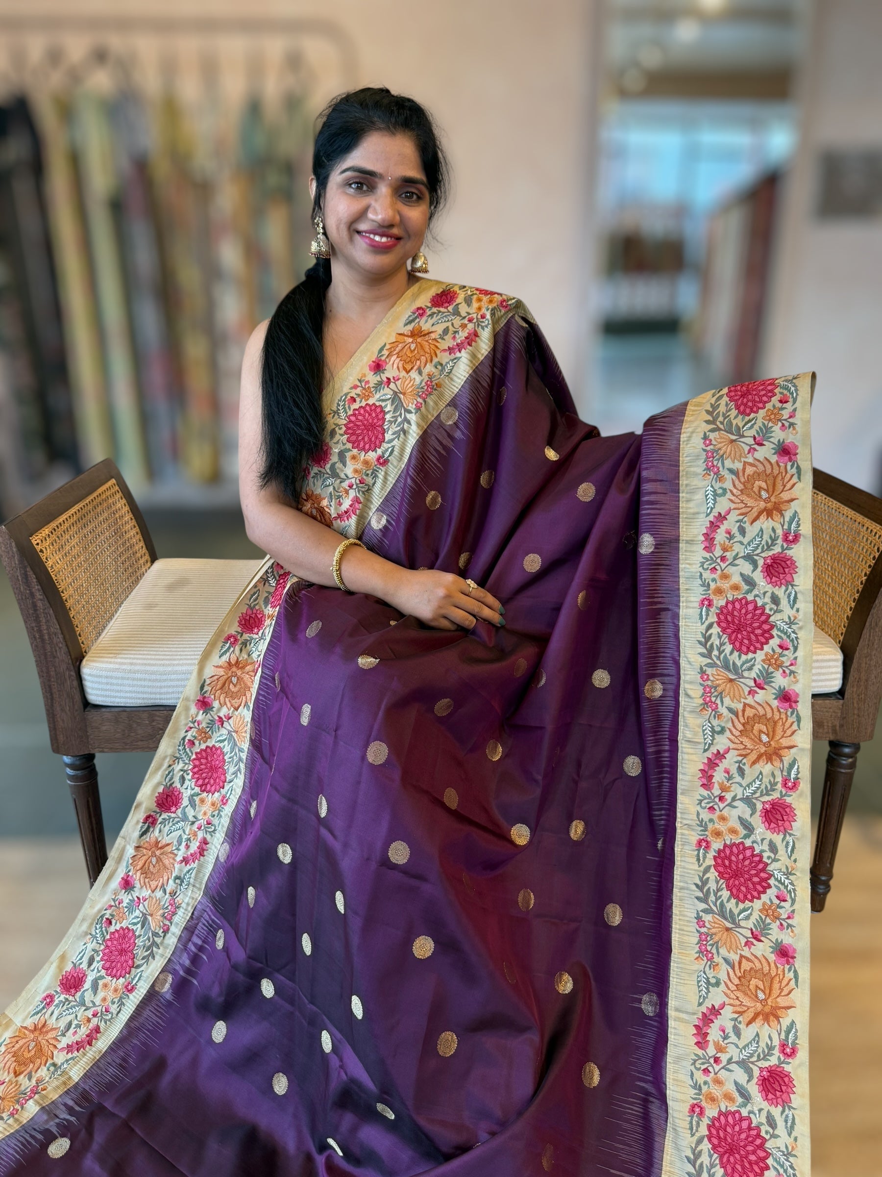 Wine Kanchi Silk Saree in With Petite Point  Embroidered Border