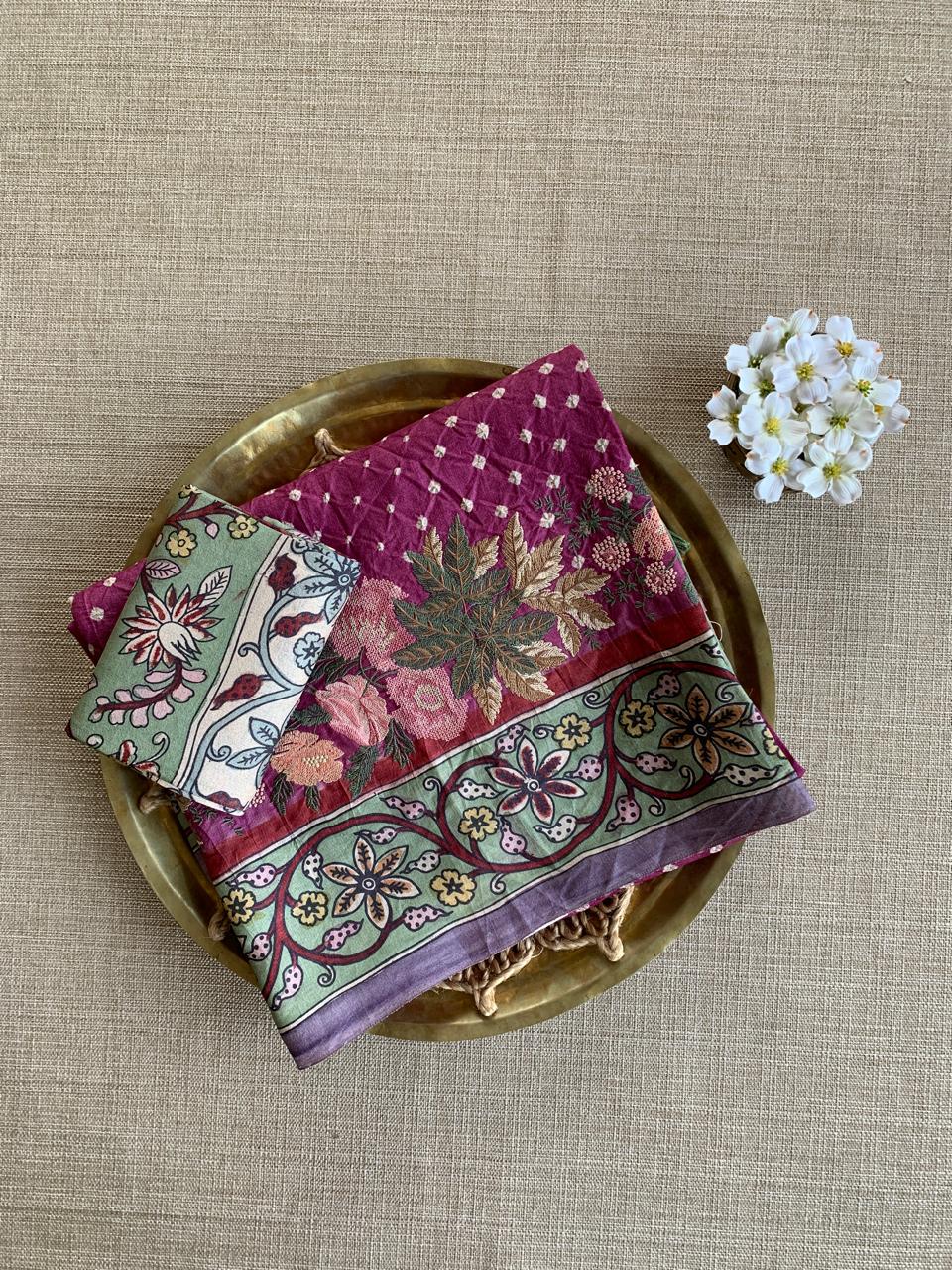 Tussar Bandhini Saree With Pen kalamkari Border & Petite Point Emb Blouse