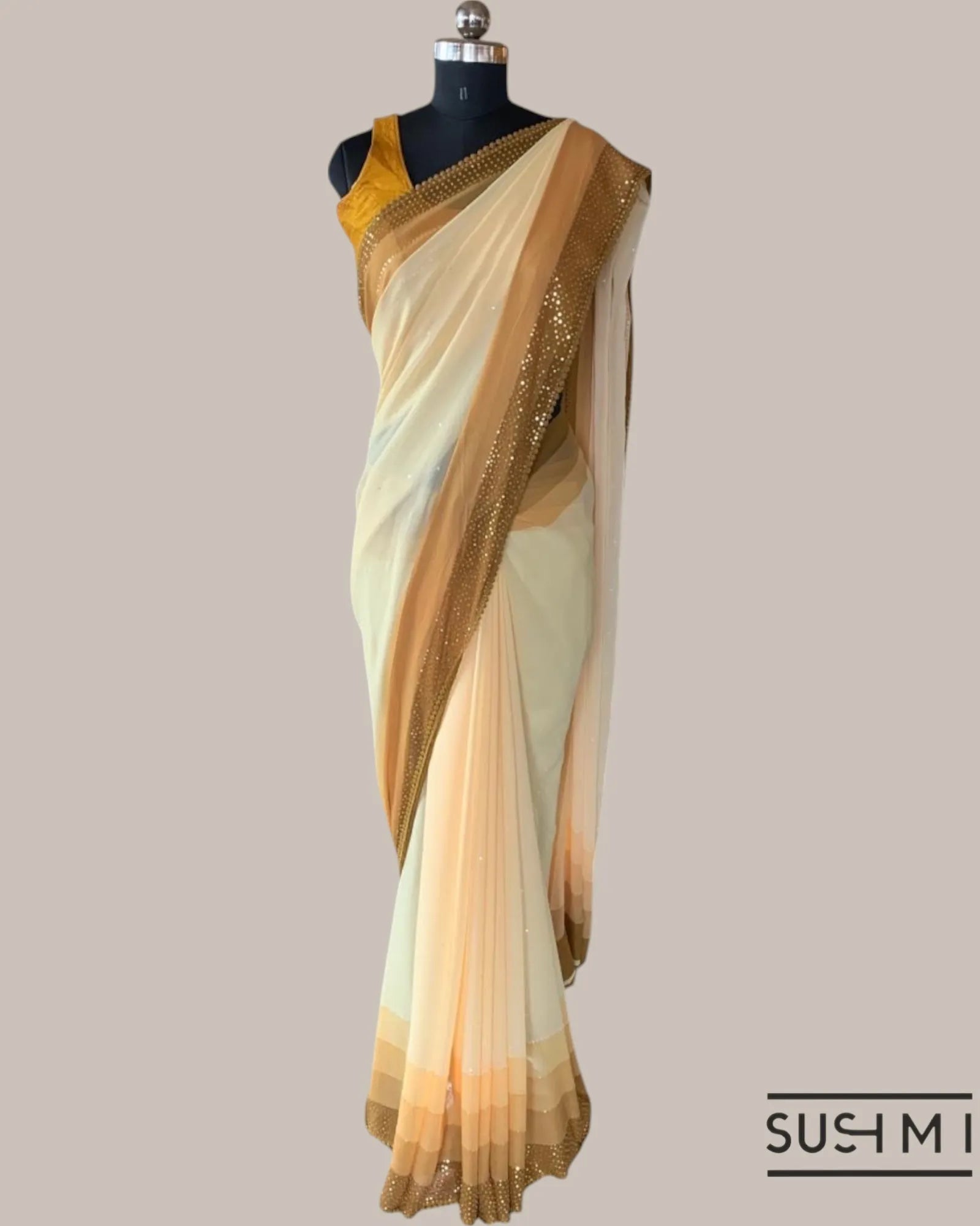Light mustard Pure Gorgette Saree With Shaded Sequnce Border