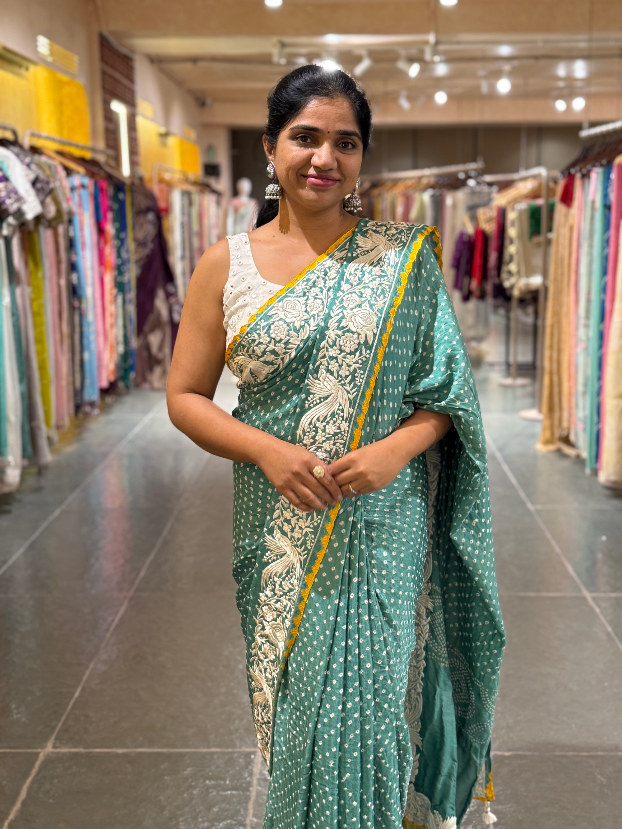 Teal Pure Gajji Silk Kutch Bandhej Saree with Parsi Gara Embroidery