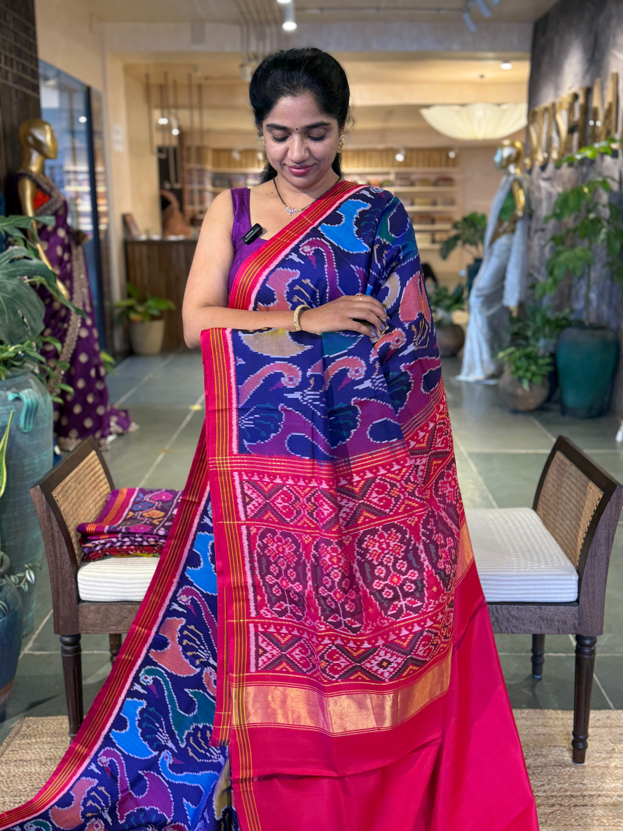 Purplish Blue and Reddish Pink Patan Patola Saree with Statement Swan Pattern
