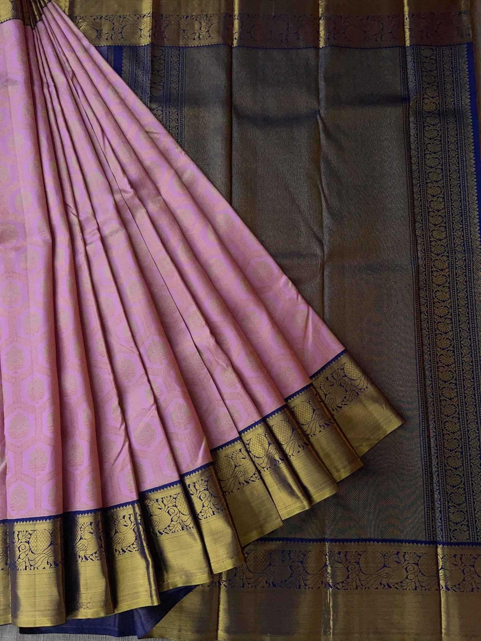 Pure Kanchi Pattu Saree – Baby Pink with Midnight Blue