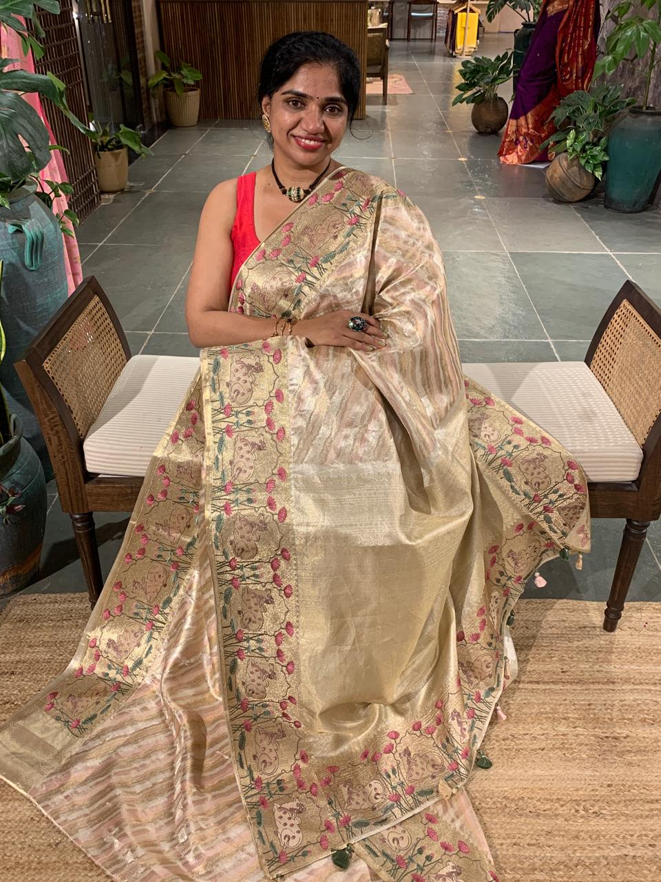 Kanchi Tissue Saree With Tissue Pichwai Embroidered Border