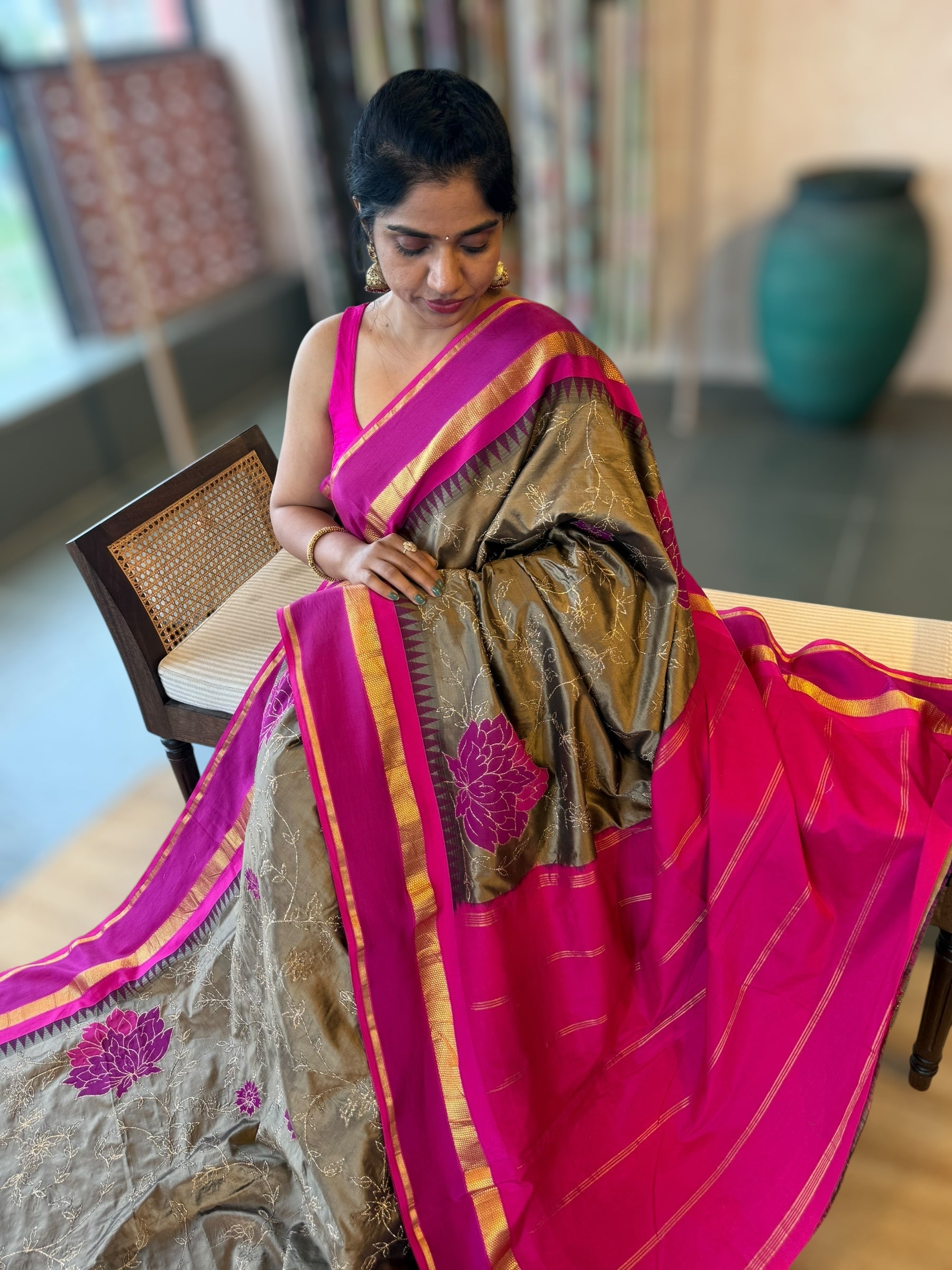 Silverish Grey Kanchi Silk Saree in With Allover Pita & Applique work