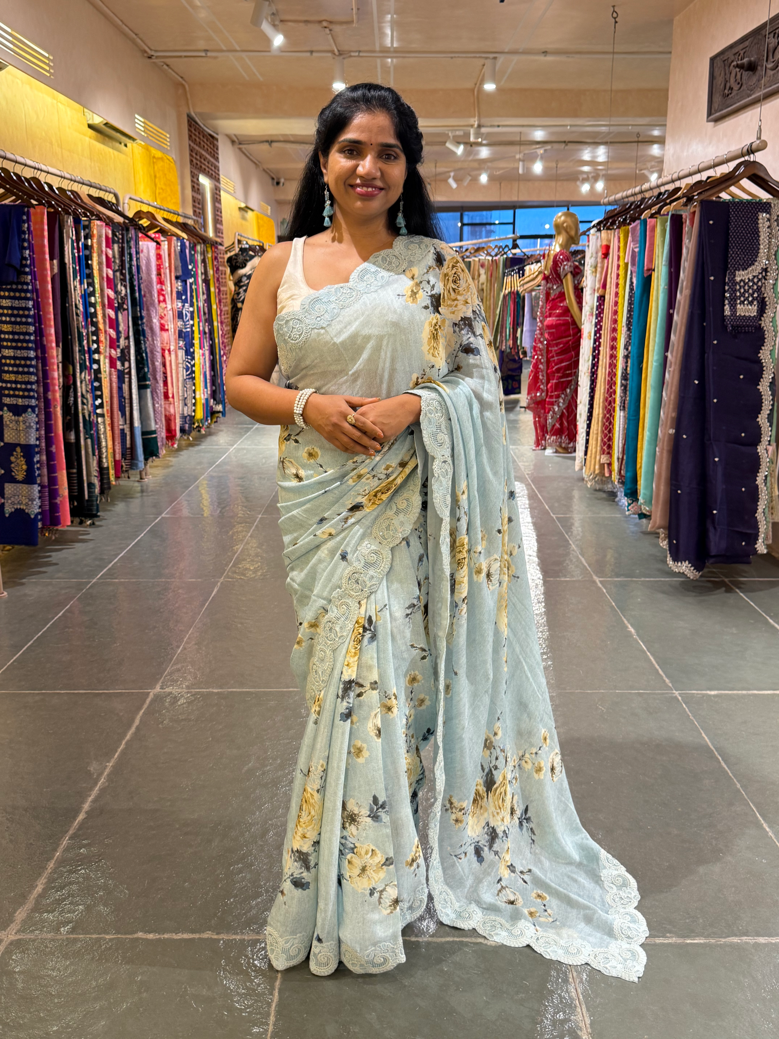 Crepe Silk Gorgette Floral Printed Saree with Cutwork Border