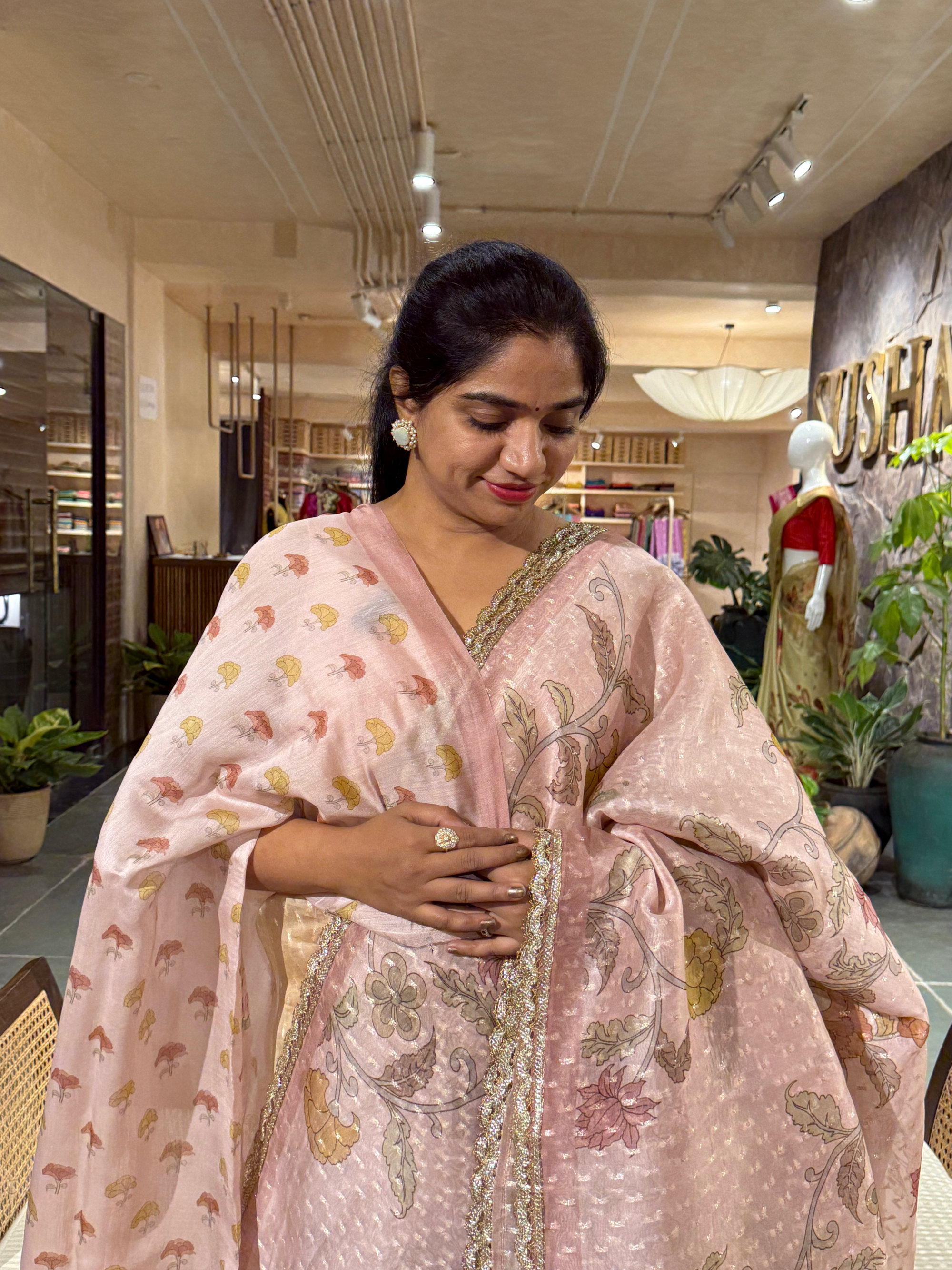 Dusty Pink Pure Organza Saree with allover zari butis and floral print paired wi