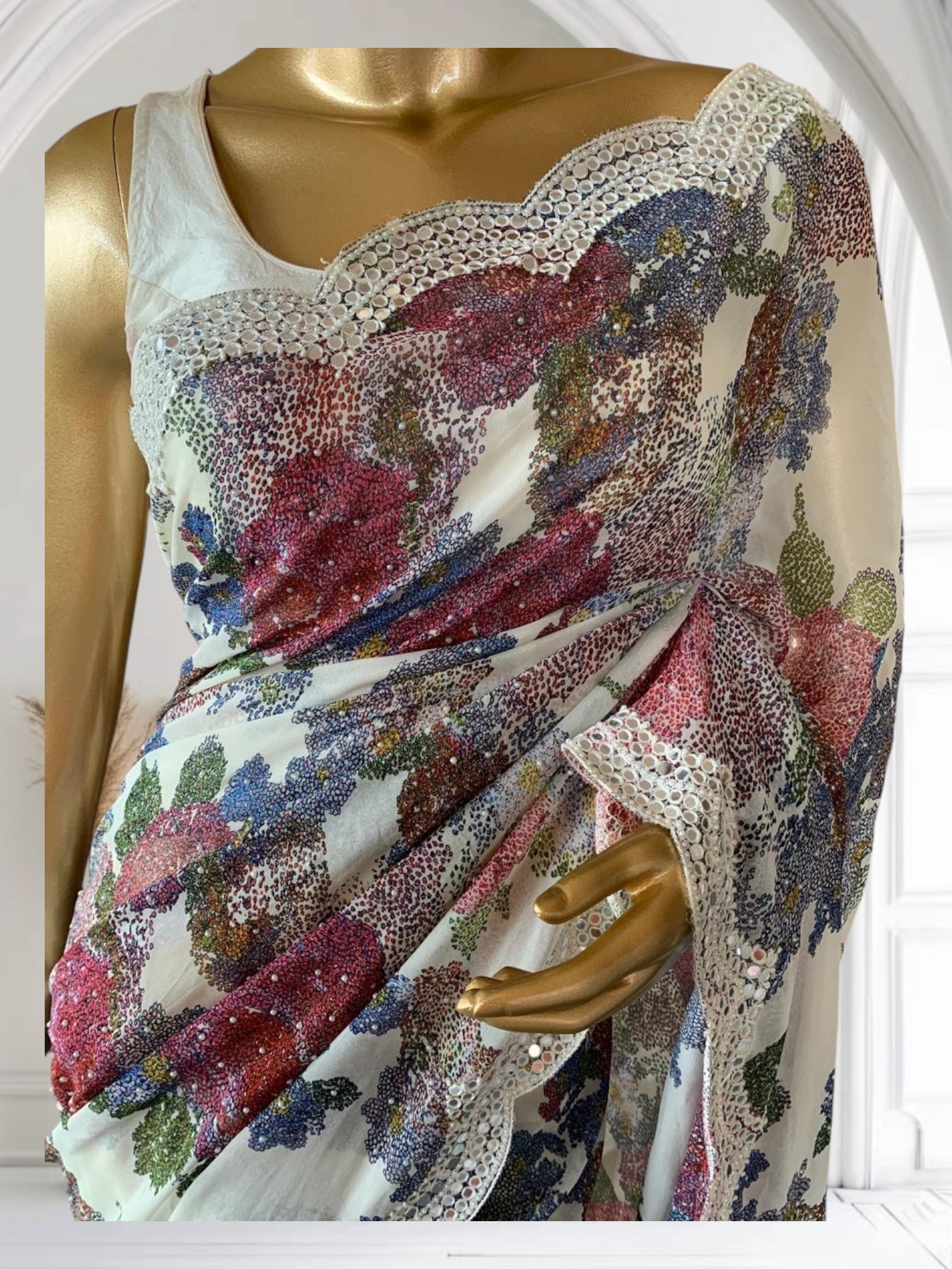 Ivory Gorgette Print with handwork mirrorwork borders