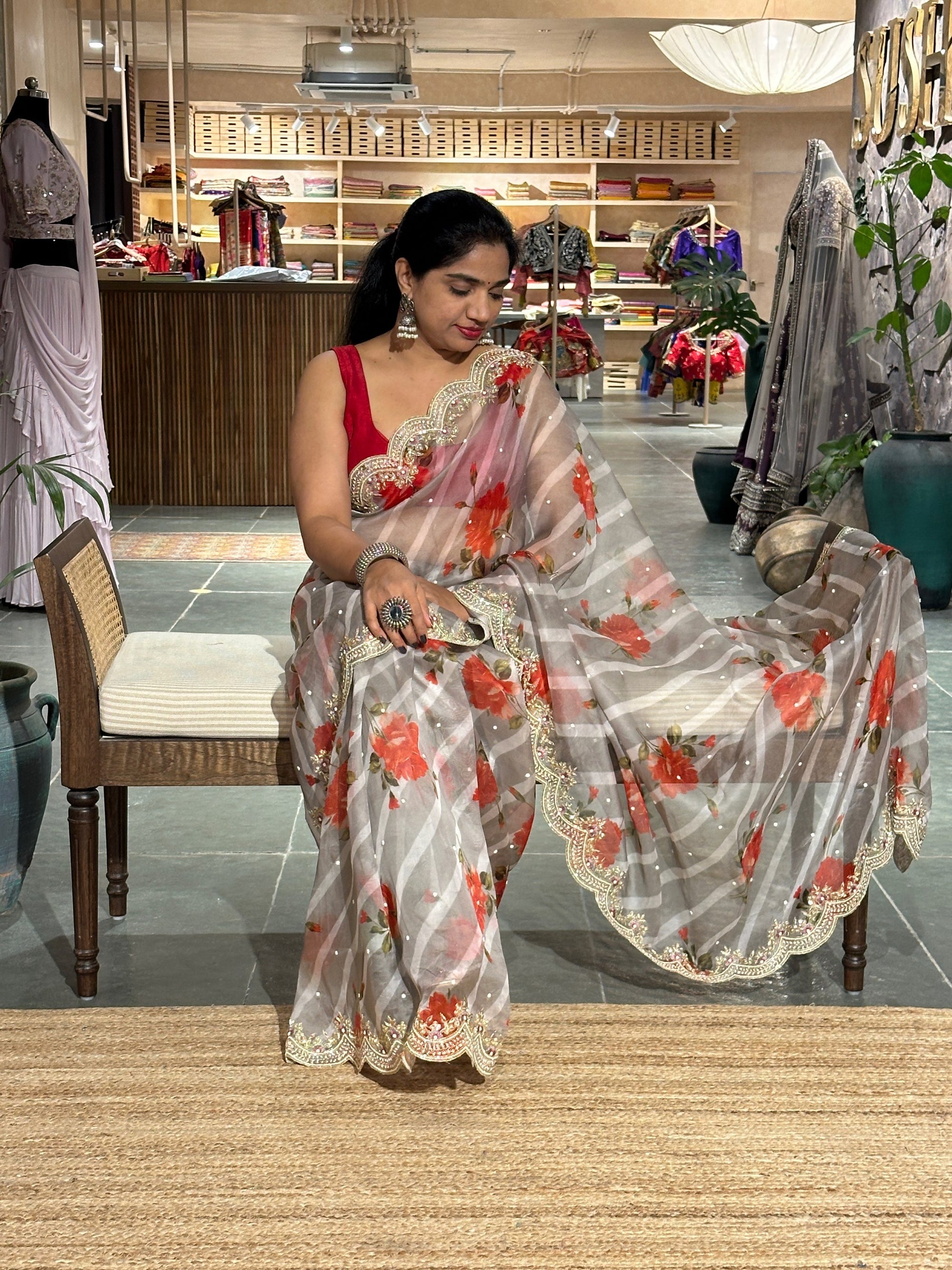 Earthy Tone Pure Organza lehariya Floral Printed With Handwork Border