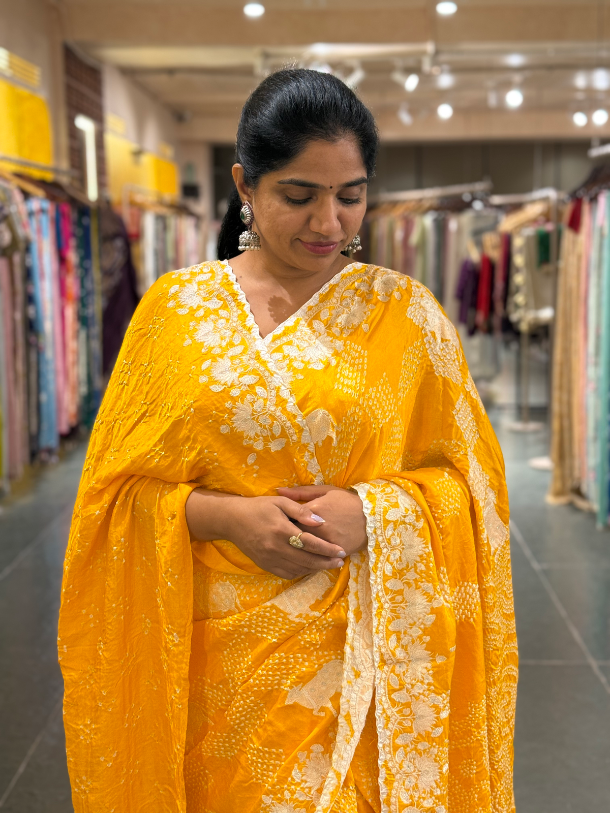 Marigold Pure Gajji Silk Rai Bandhej Saree with Pichwai Embroidery