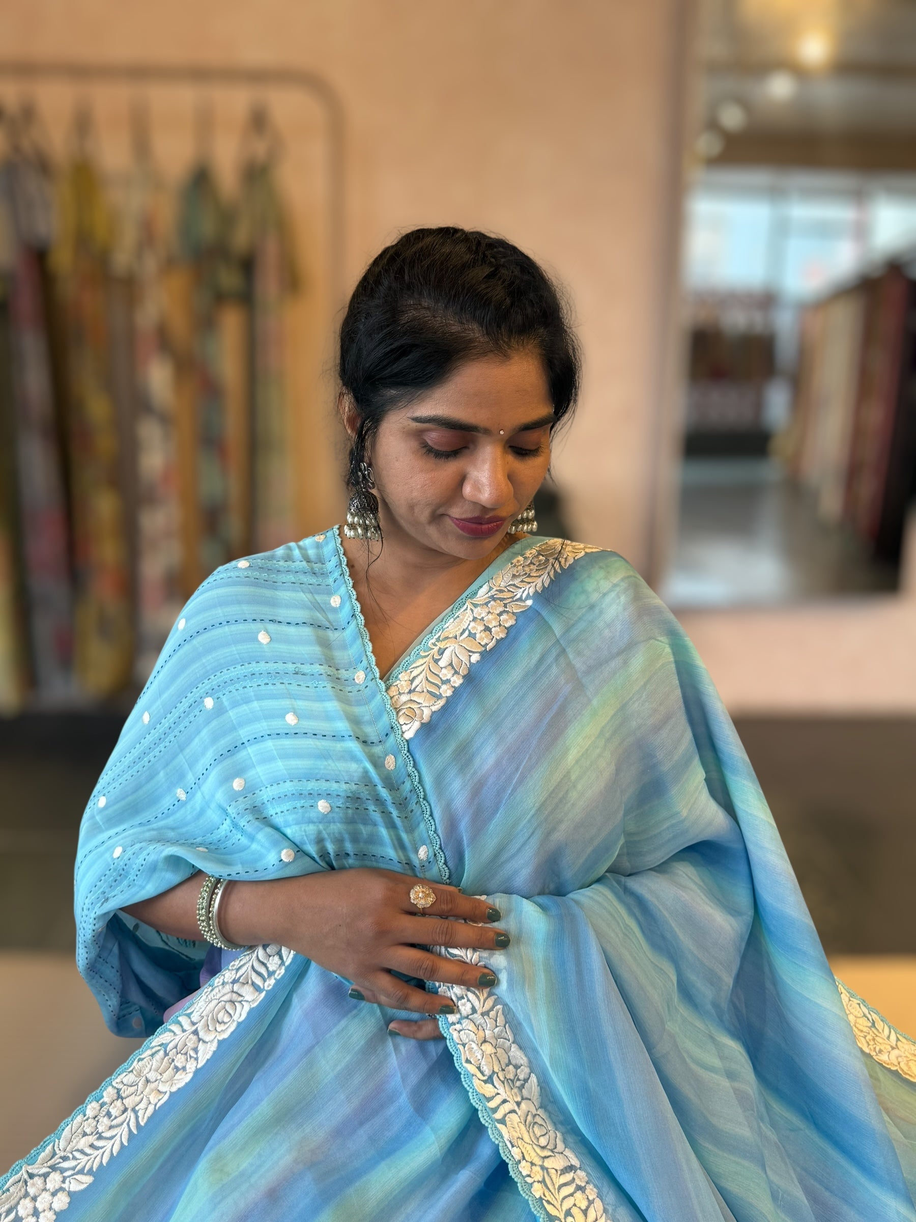 Pure Chiffon Saree with Ombre Brush dyeing & Parsi Gara Embroidered Border