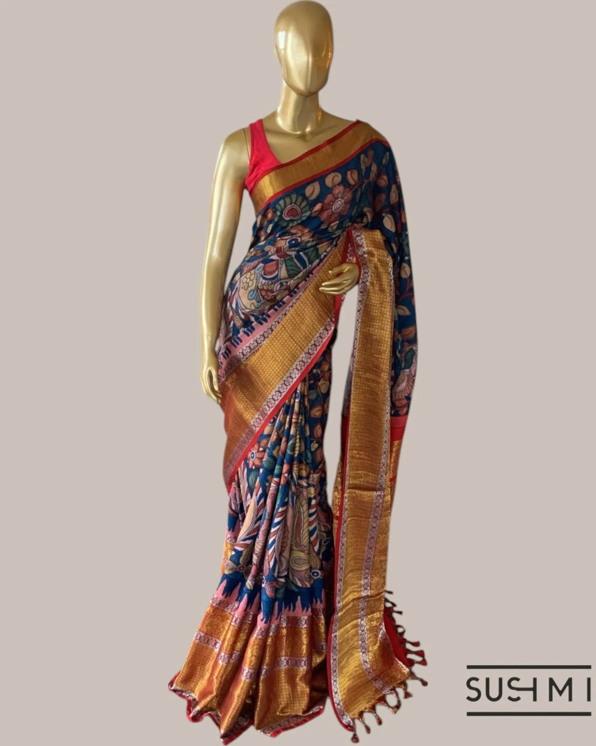 Blue Kanchi Pen kalamkari handpainted saree with heavy borders