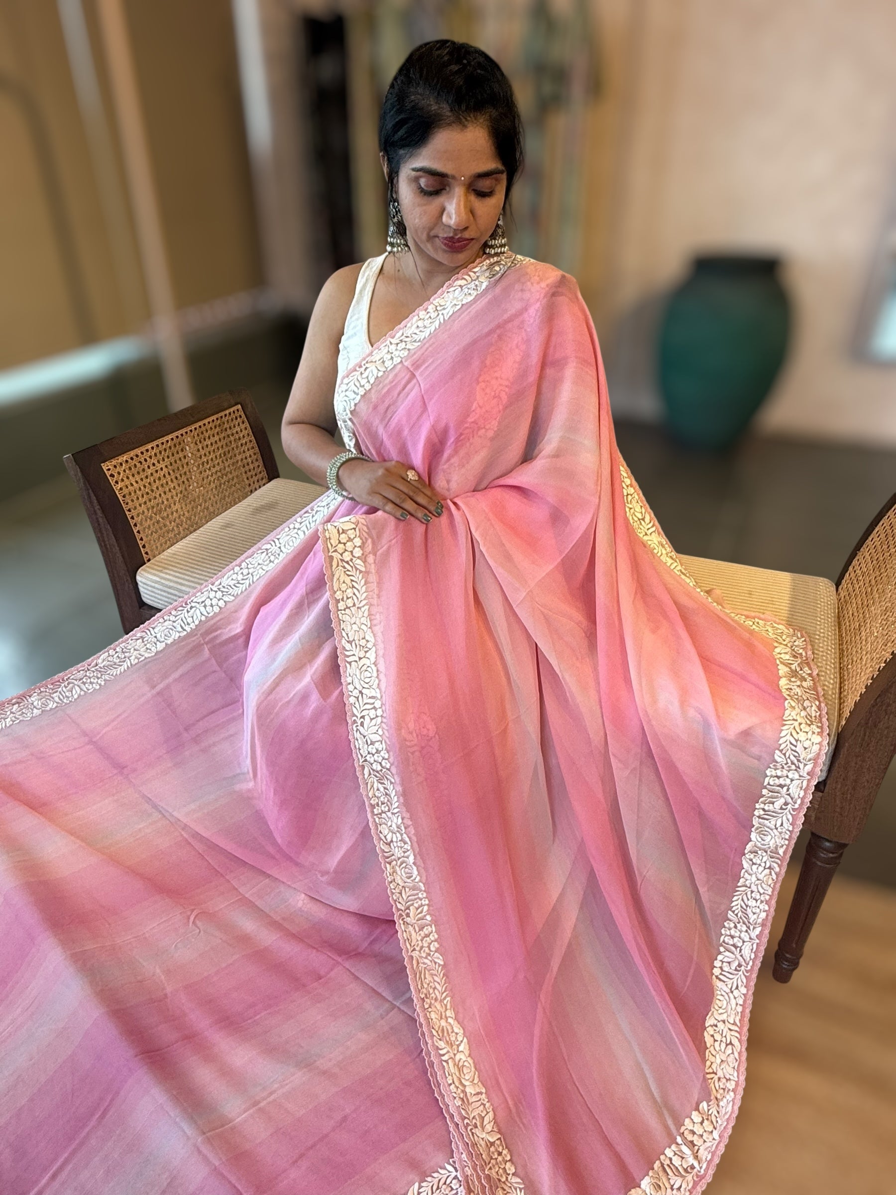 Pure Chiffon Saree with Ombre Brush dyeing & Parsi Gara Embroidered Border