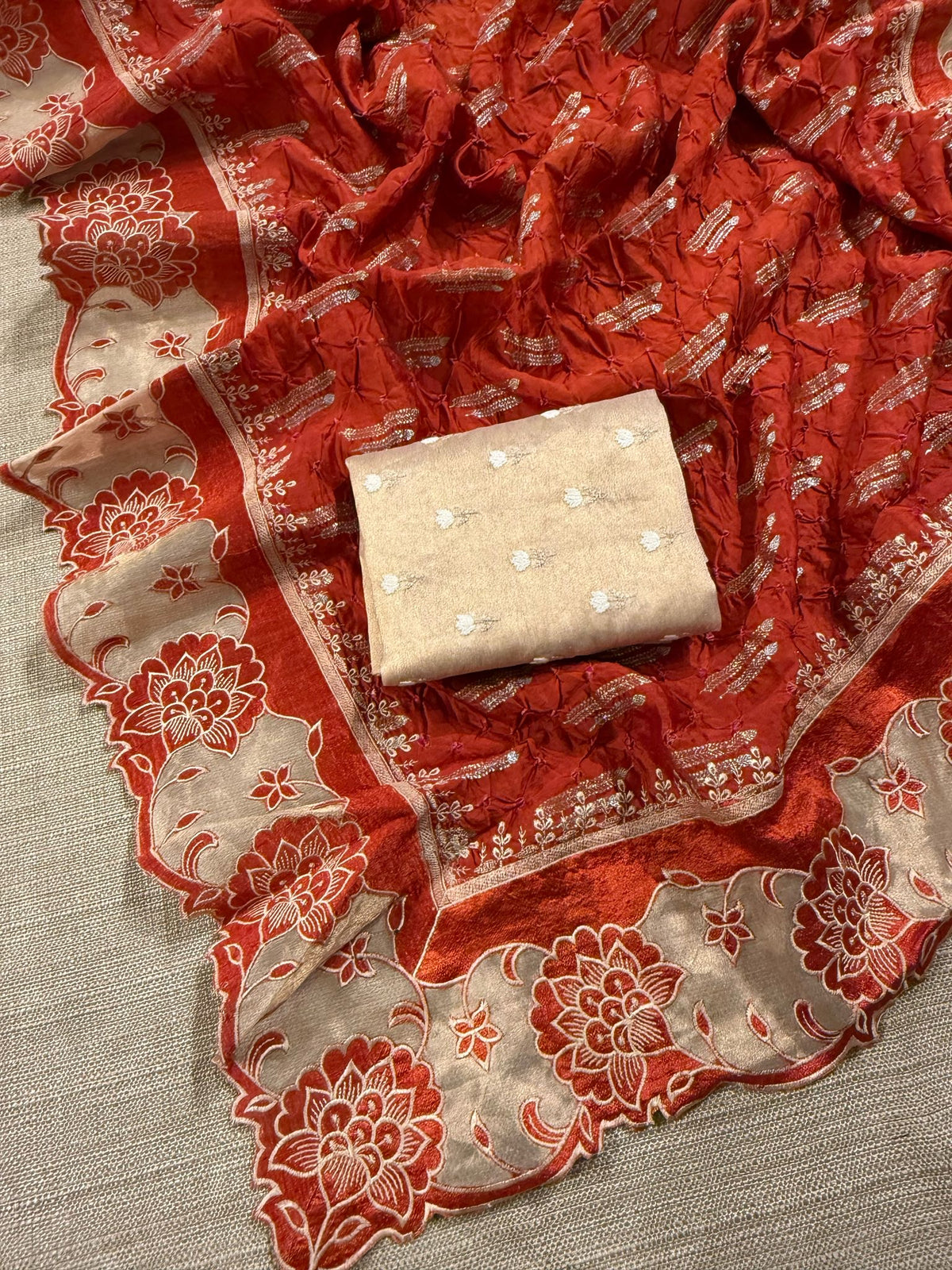 Banarasi Handloom Chiniya Silk Bandhini with Tissue Appl