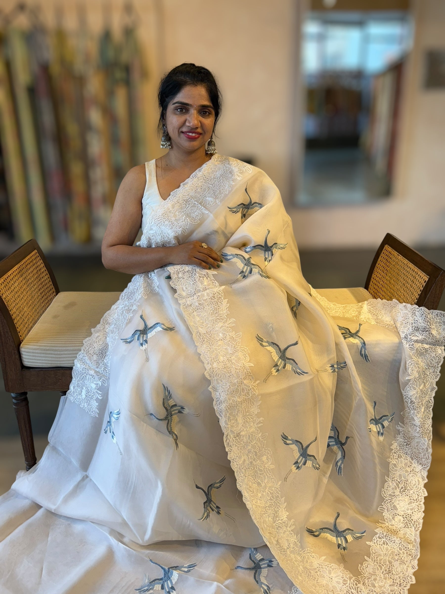 Ivory Organza Saree with Cutwork Borders & Blue Cranes