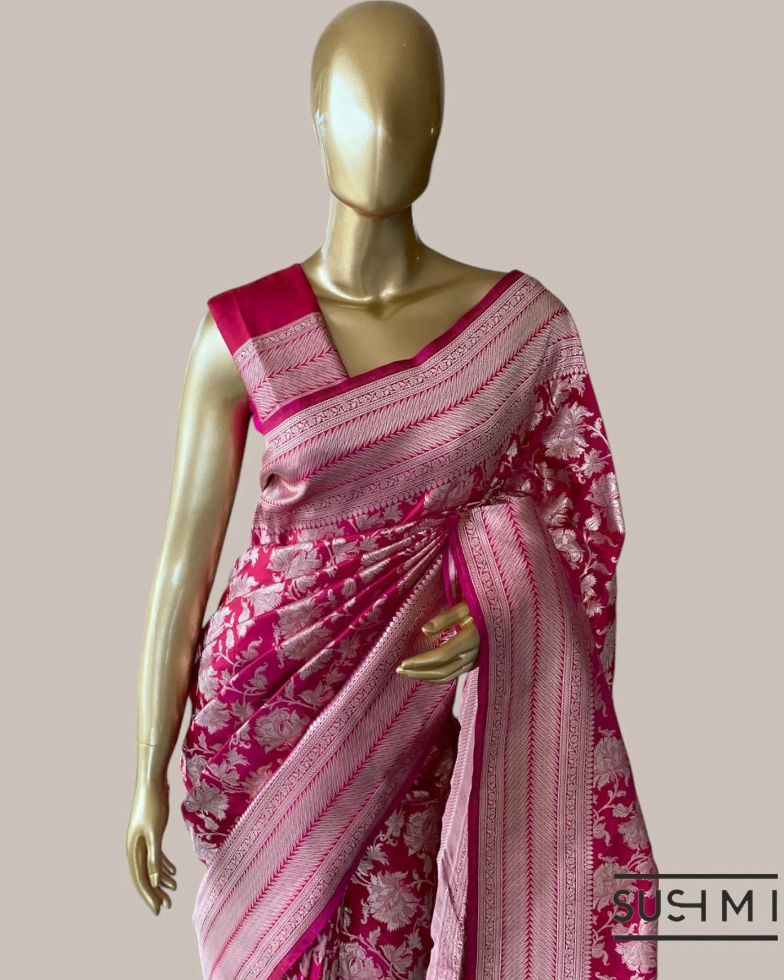 Ruby Pink Banarasi Katan Silk Saree with Allover Floral Jaal Weaving in silver z