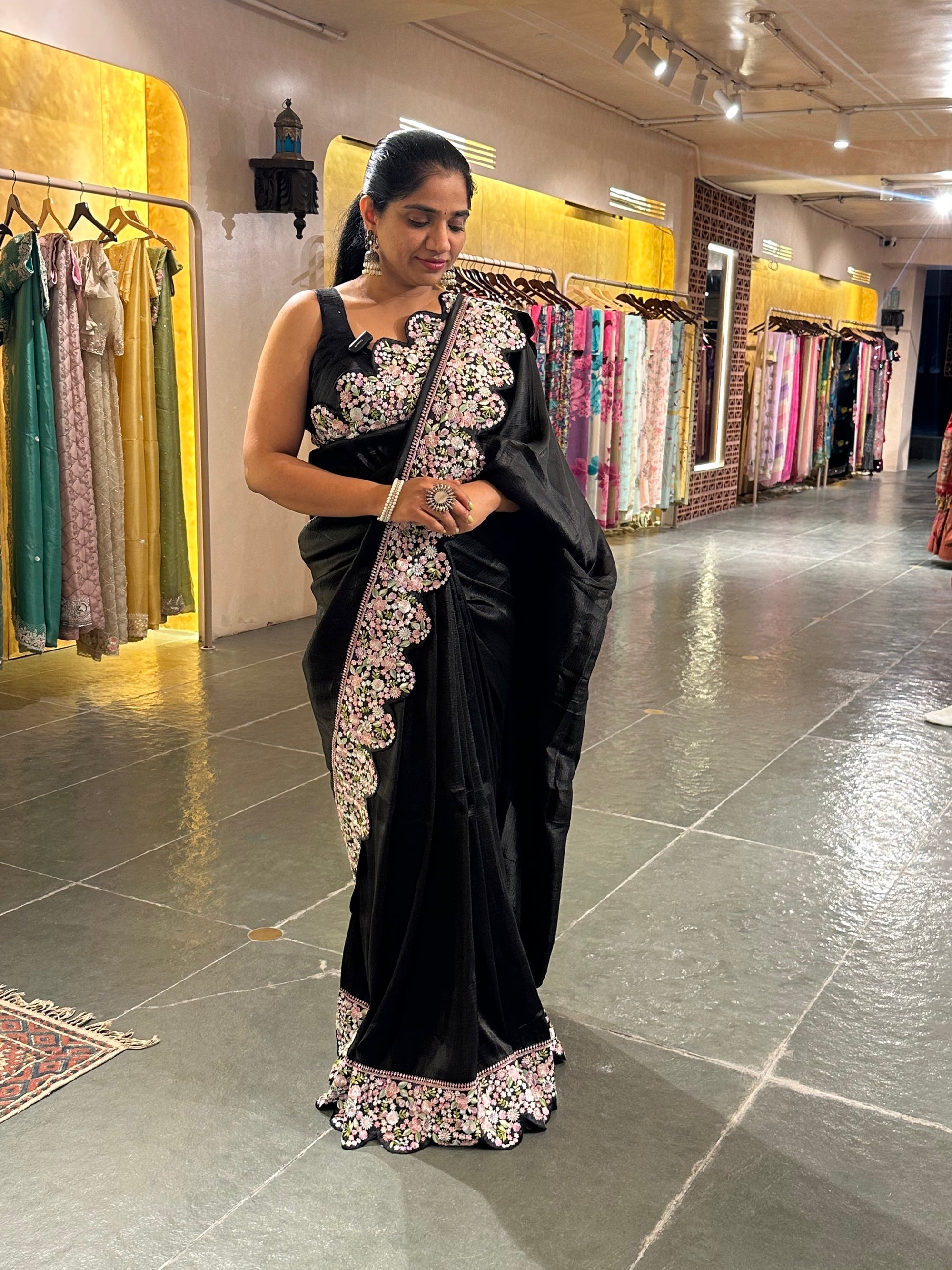 Black Crush Saree with beautiful threadwork scalloped  border