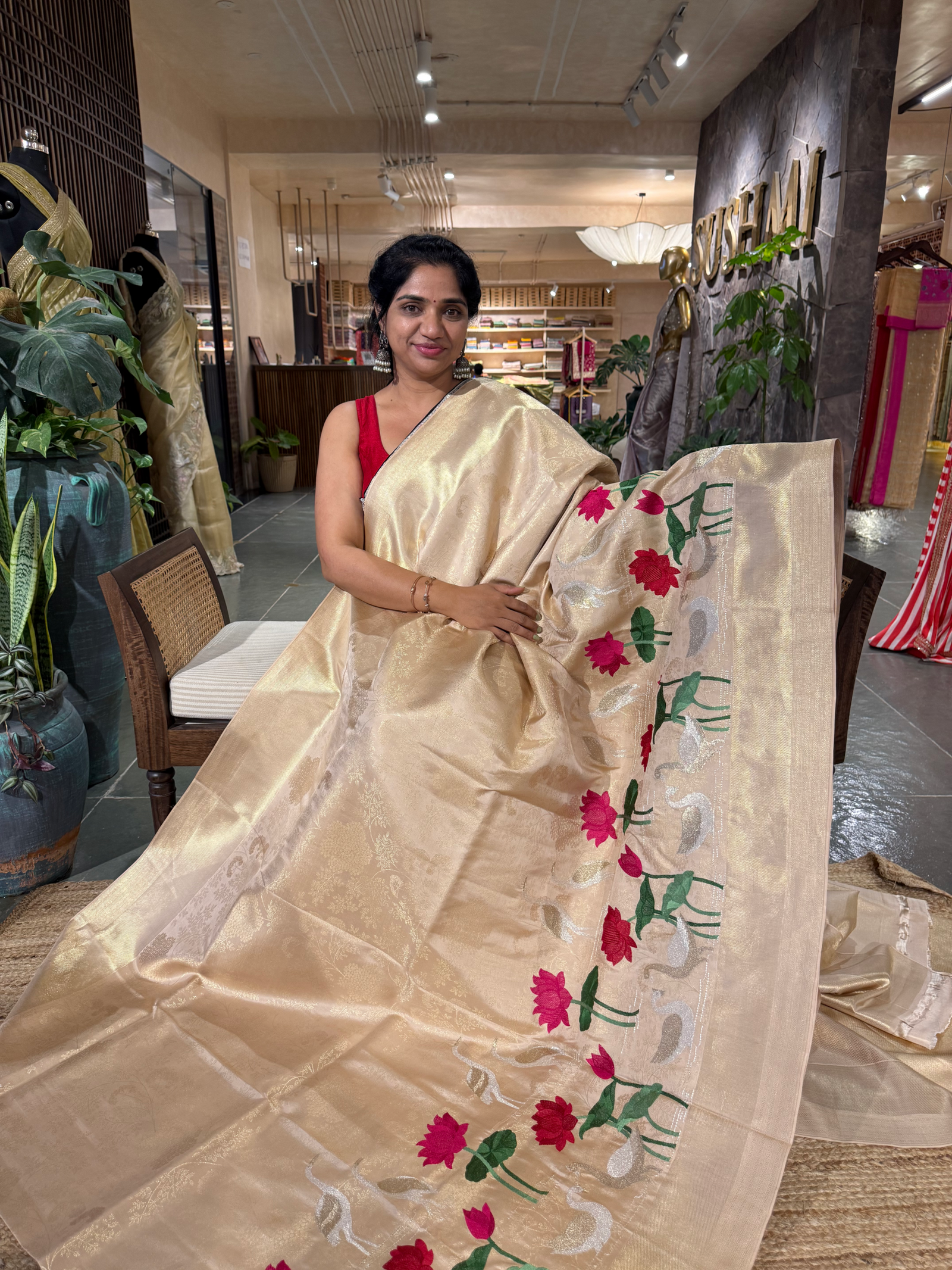 Ivory Kanjeevaram Brocade Silk Saree With Floral Embroidery Skirt Border