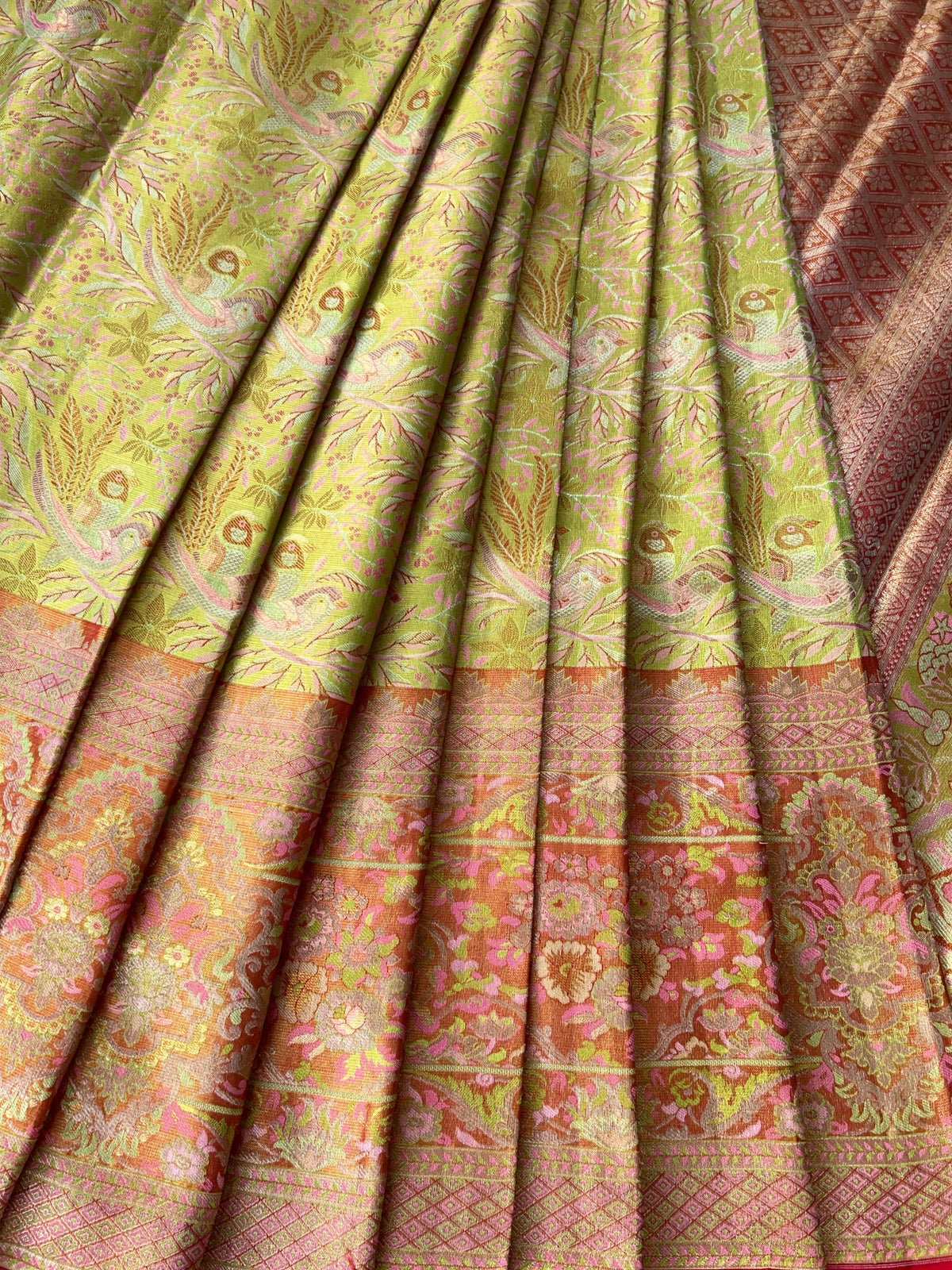 Lime Green & Red Combo Pure Kanjeevaram Meenakari Saree