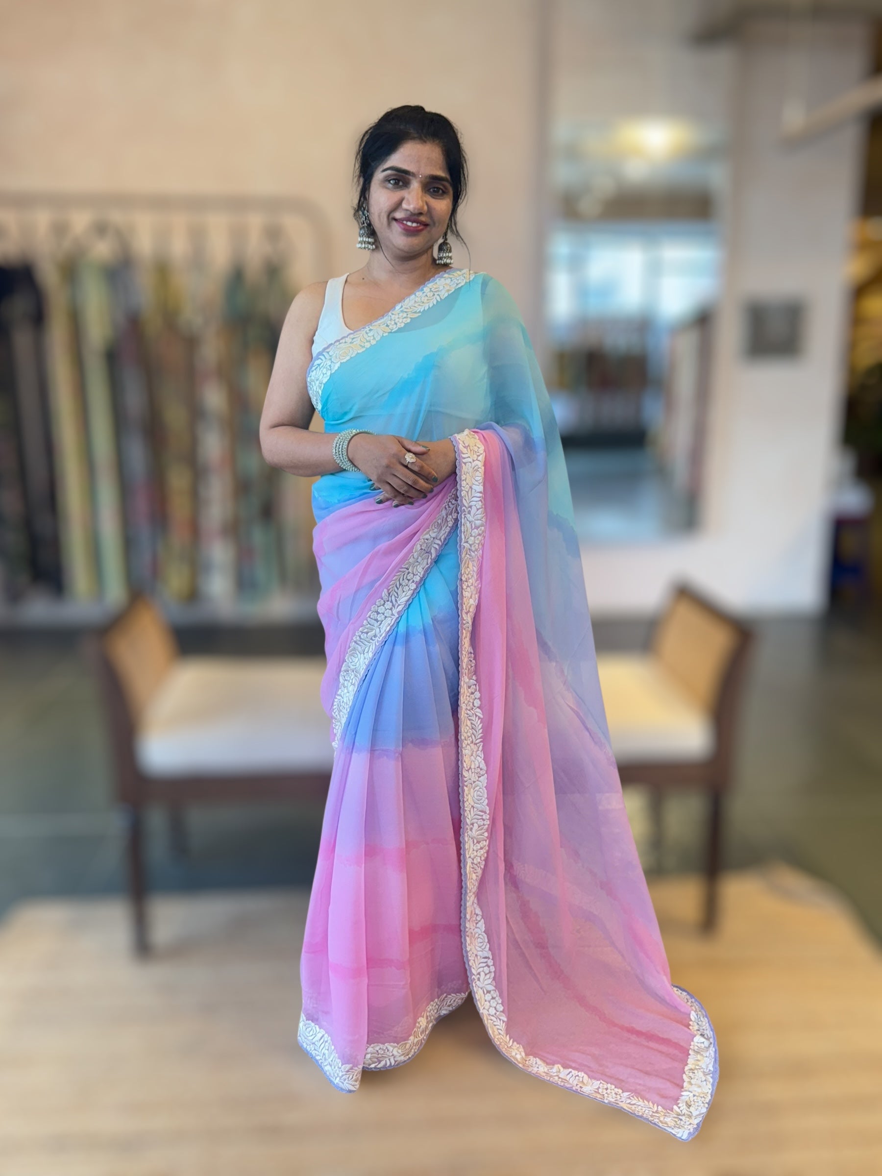 Pure Chiffon Saree with Ombre Brush dyeing & Parsi Gara Embroidered Border