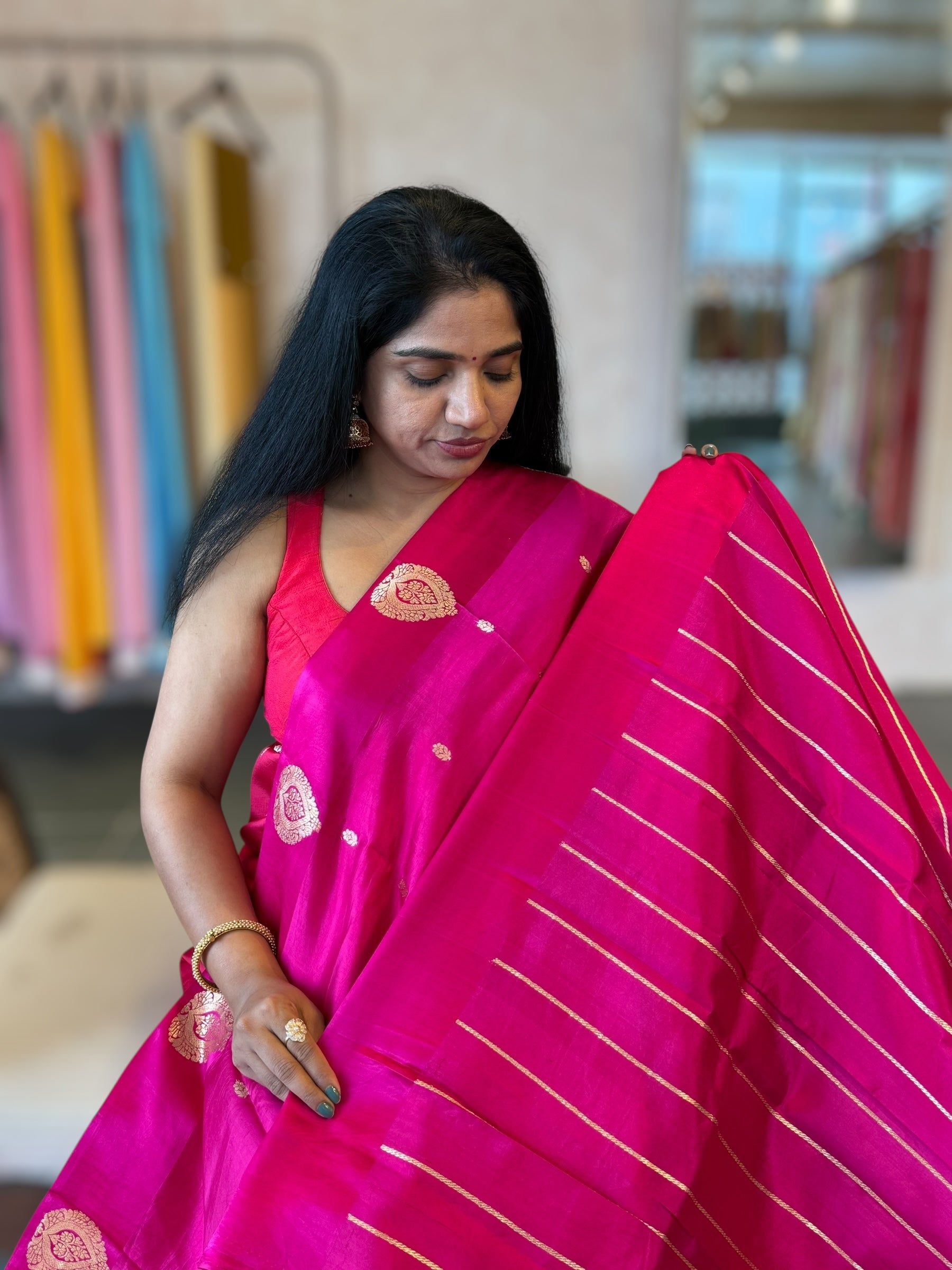 Rani Pink Banarasi Raw Mango Silk Saree with Open Borders & Kaduwa Woven Motifs