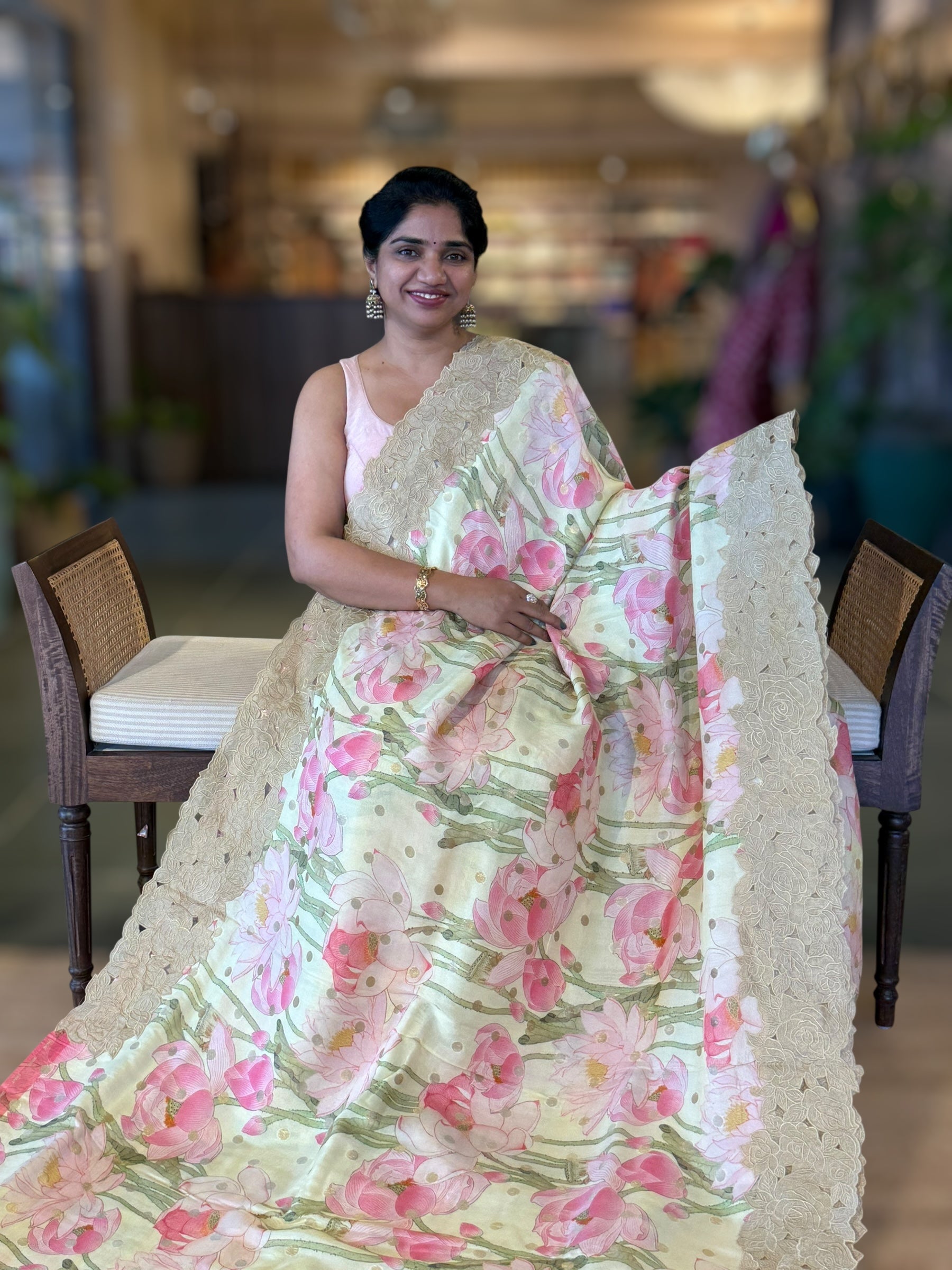 Lemon Banarasi Printed Tussar Khaddi Gorgette With Tissue cutwork Rose Border