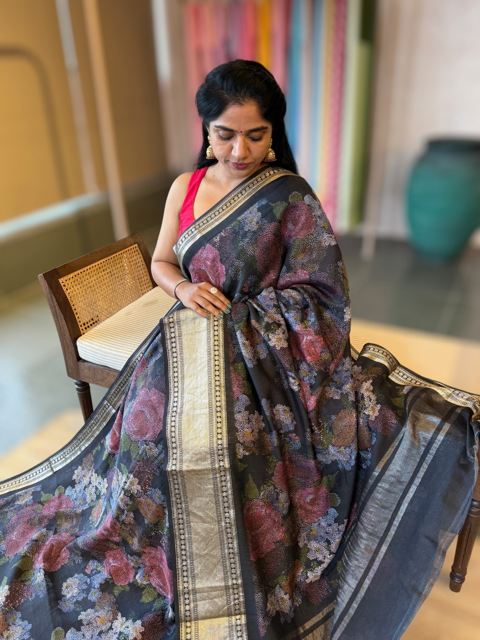 Black Pista Chiniya Silk Saree With Petite Point  Emb Style Print