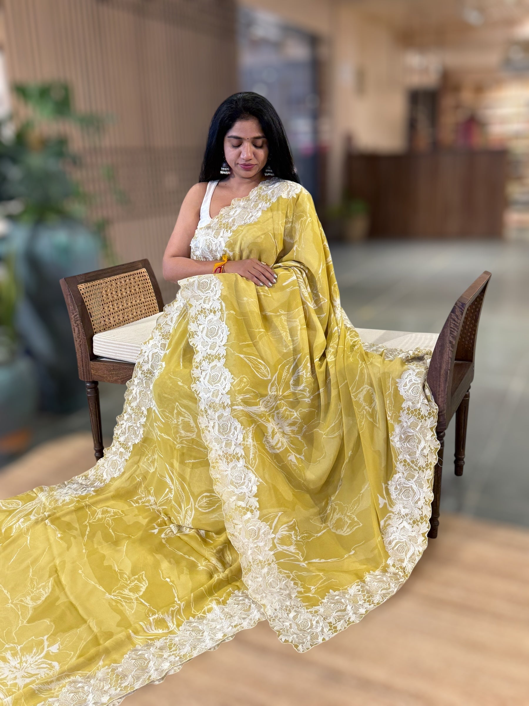 Lemon Gorgette Printed Saree With Chatilly Lace Style Cutwork embroidered Border