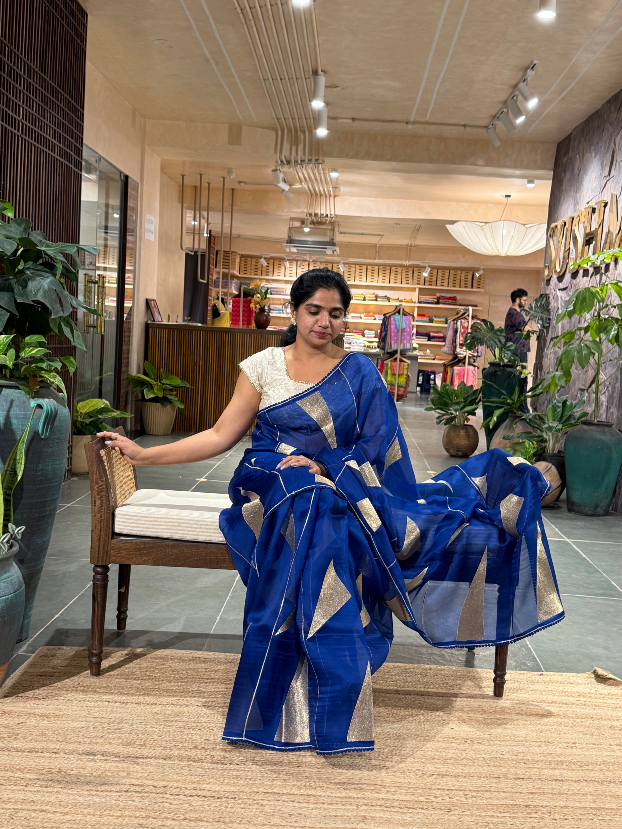 SOCA101 Royal Blue Pure Organza Silk Saree in contemporary style