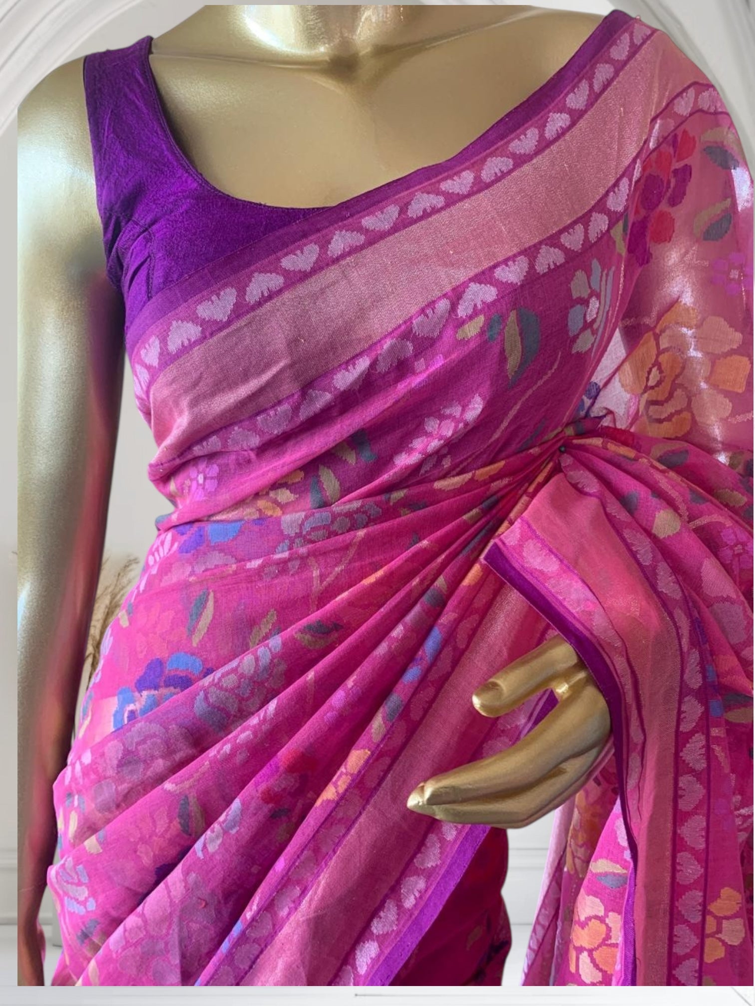 Pink Real Zari Jamdani Saree