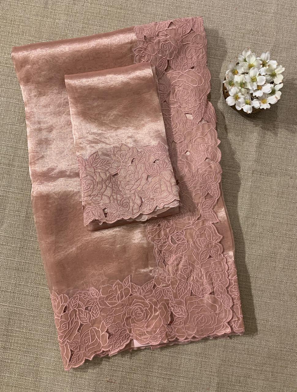 Nude Pink Pure Handloom Tissue Saree With Rose Cutwork Borders