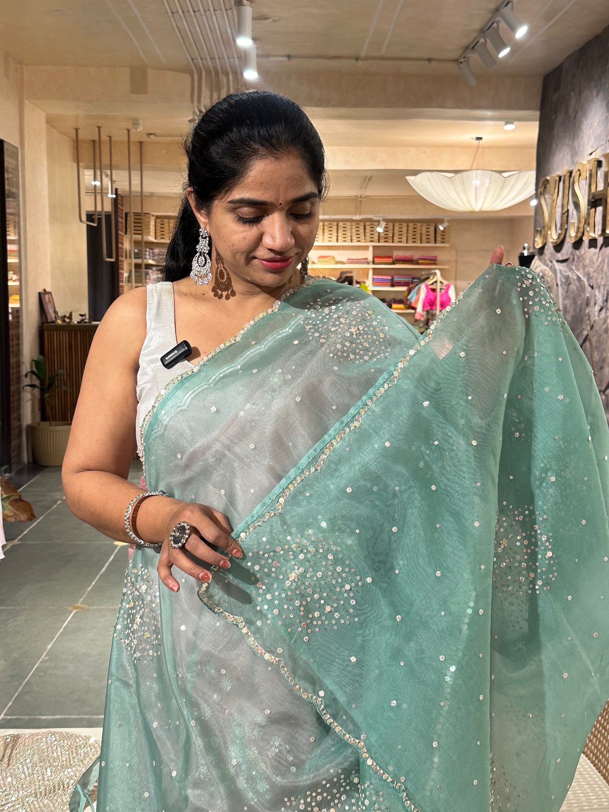 Sea Green Organza Saree with allover work and paired with heavy blouse