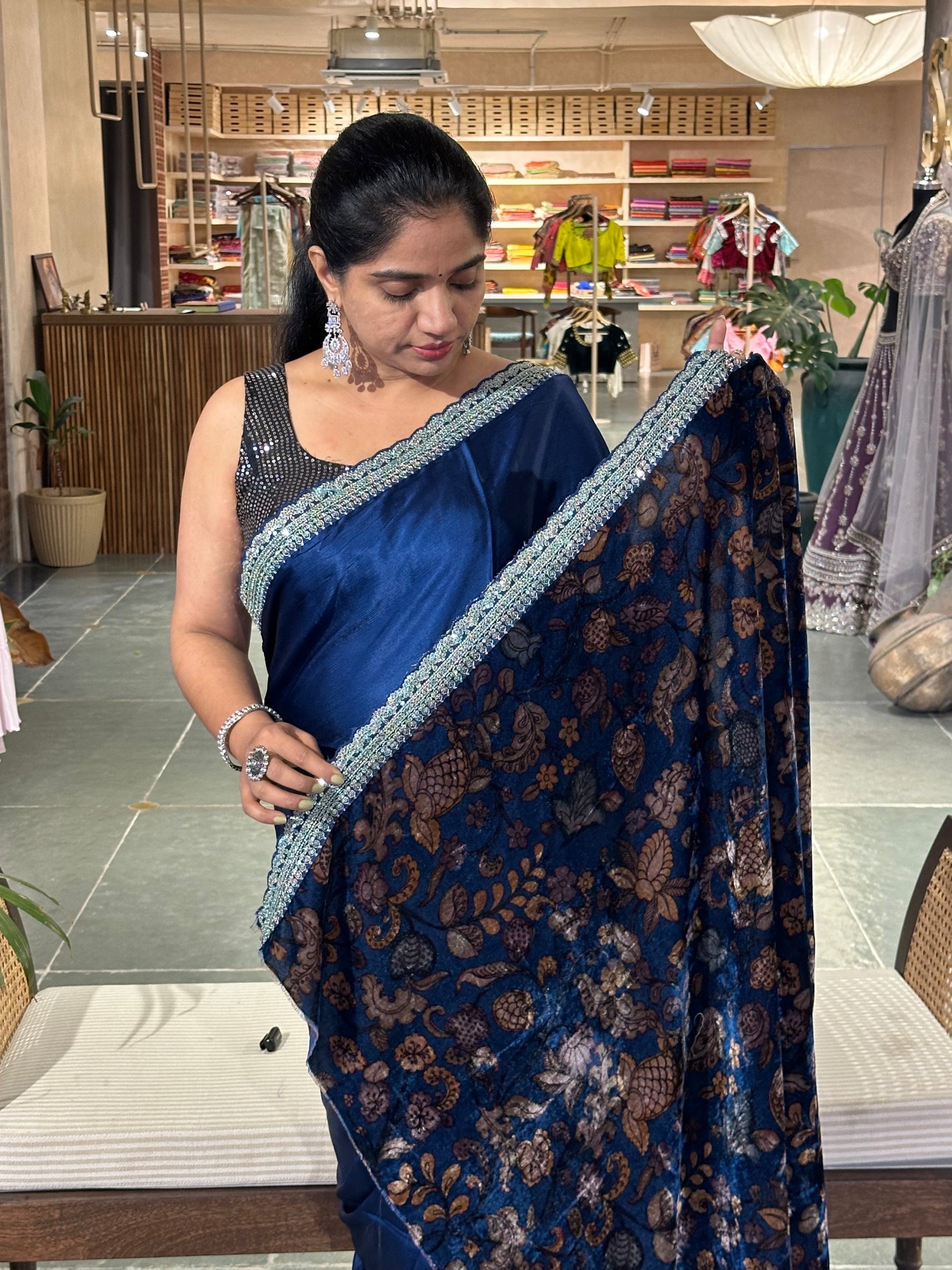 Pure Chinnon Satin Silk Saree with sabyasachi borders paired with velvet blouse