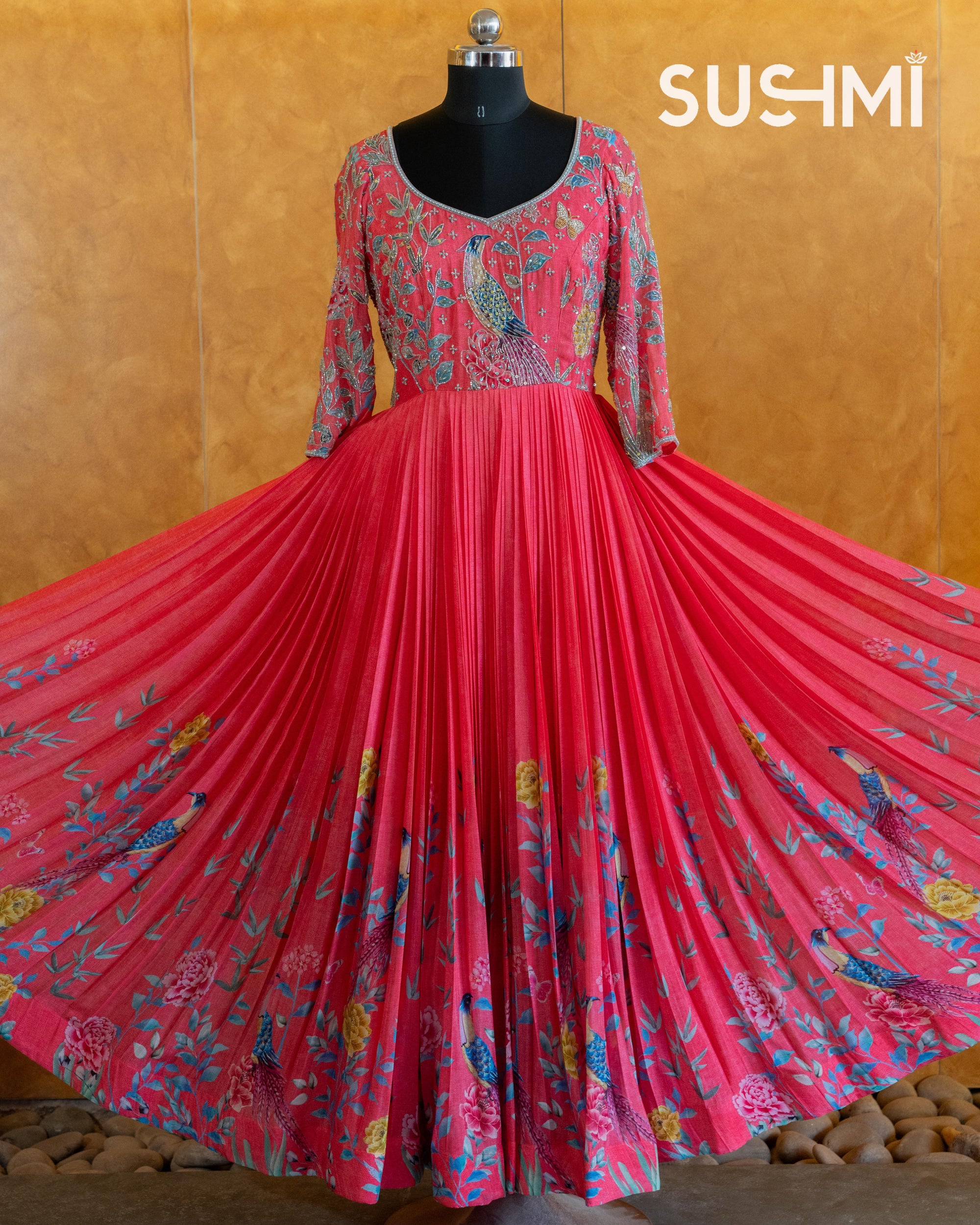 Tomato Red color Pure Chinnon printed long frock with heavy handwork yoke