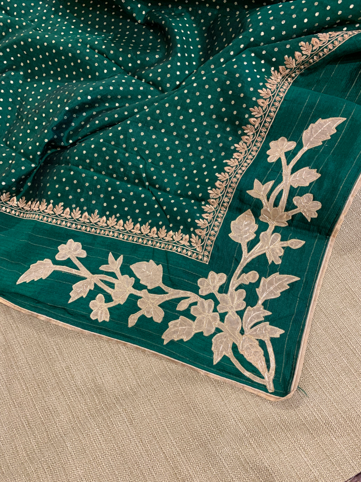 Bottle Green Chiniya Silk Saree with Embroidery Border & Applique Creeper Pallu